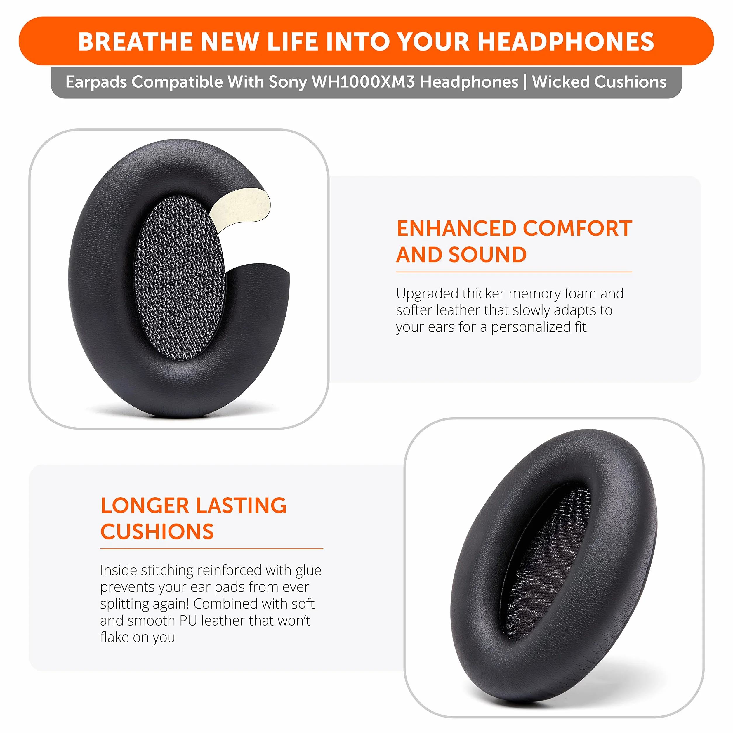 WC Wicked Cushions Extra Thick Replacement Earpads Compatible with Sony WH-1000XM3 Headphones - Black
