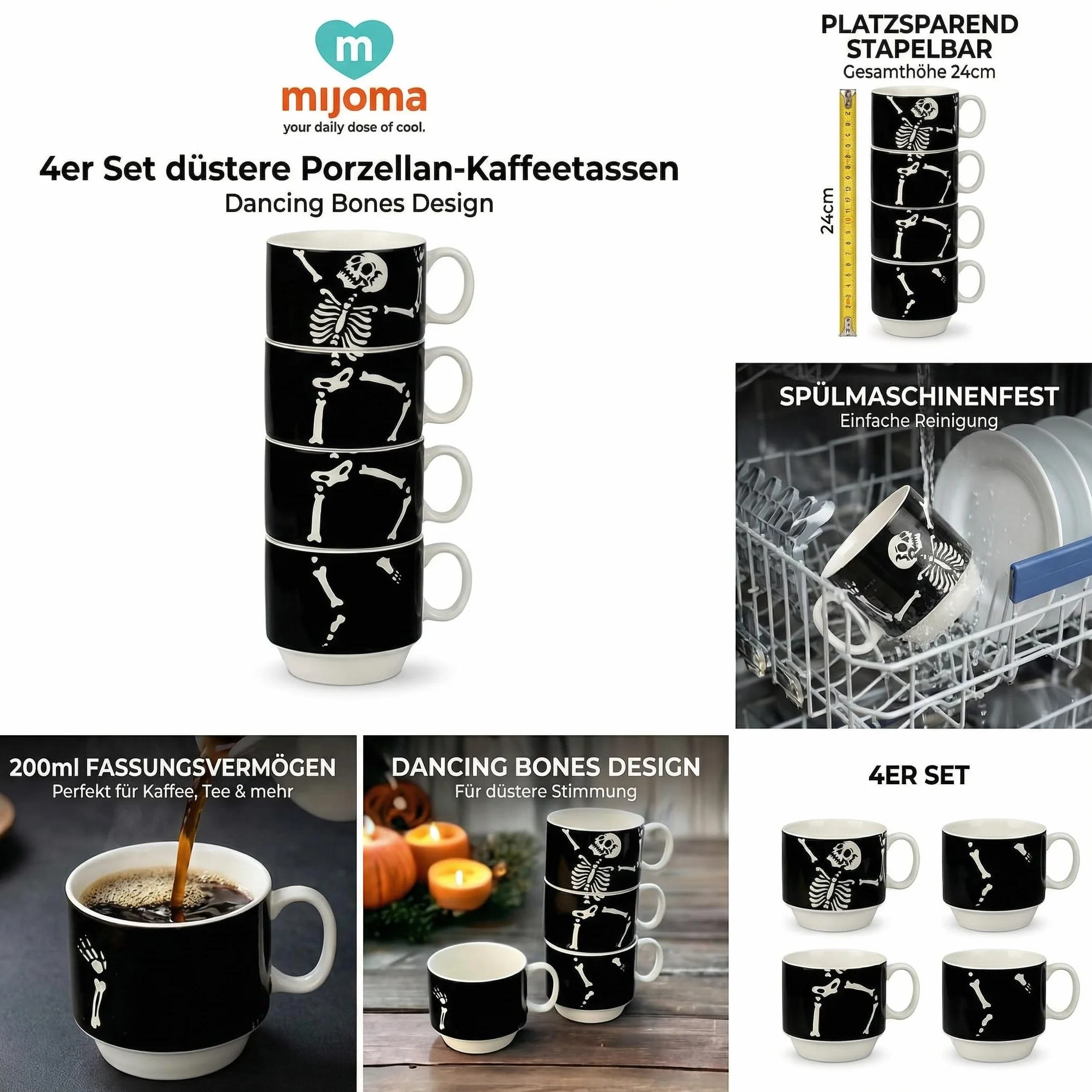 MIJOMA zestaw porcelanowych filiżanek do kawy 200 ml 4-częściowy zmywarka