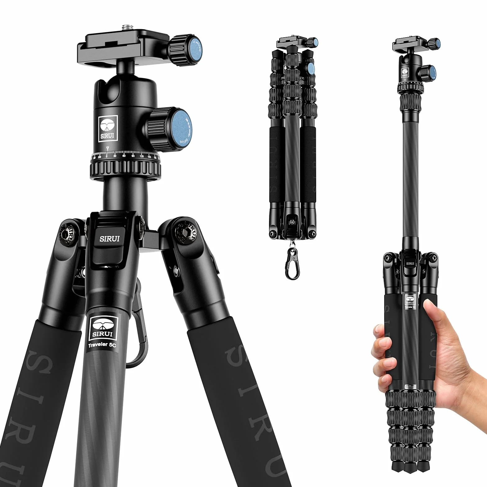 Sirui Compact Traveler 5C statyw 140 cm lekki statyw podróżny z włókna węglowego przenośny statyw z głowicą kulową panoramiczną 360° i Arca szwajcarską szybkozłączką nośność do 4 kg