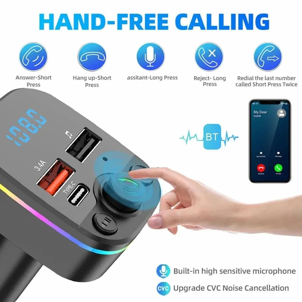 Samochodowy transmiter Bluetooth FM PD typu C Dual USB 3,4 A MP3 oświetlenie otoczenia zestaw głośnomówiący szybki kolorowy modulator odtwarzacz, ładowarka, odtwarzacz muzyki, zapalniczka z funkcją