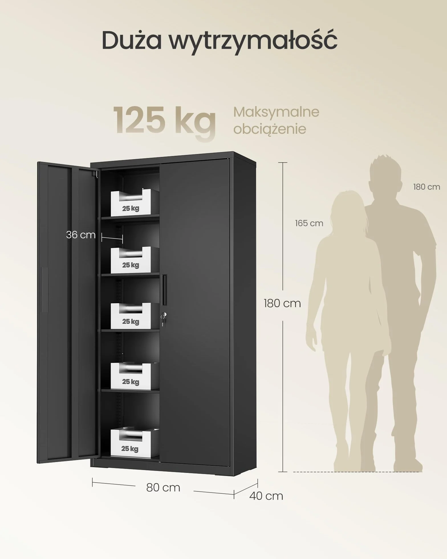 SONGMICS 5-półkowa szafa garażowa z 2 drzwiami, szafa biurowa, 40 x 80 x 180 cm, 1 zamek, regulowane półki, metalowa szafka, matowa czerń OMC015B01