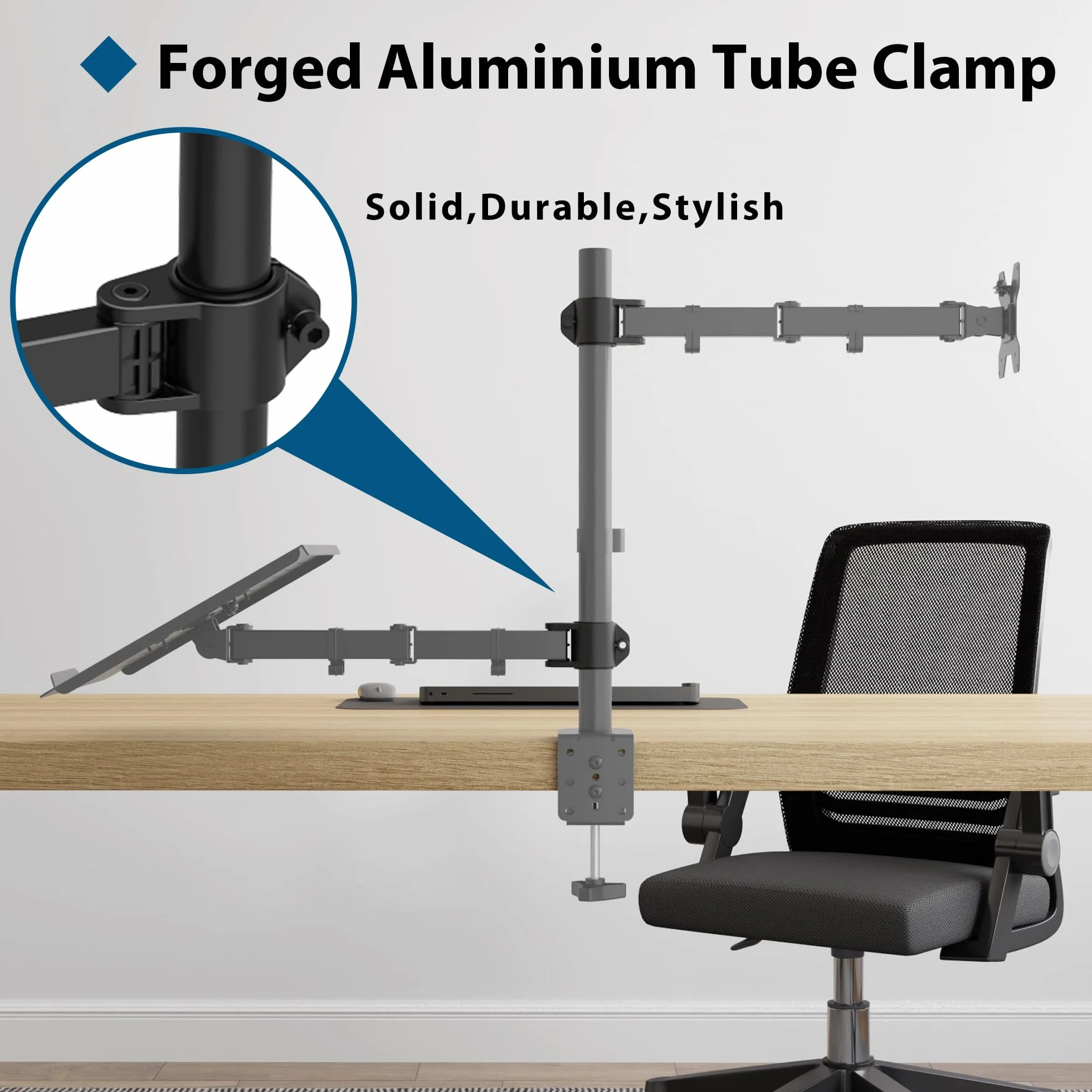 BONTEC Ramię monitora z tacą na laptopa, uchwyt na biurko na laptopa do ekranu 13-27 cali i 17 cali, regulacja wysokości, pełny ruch VESA, obrót nachylenia o 360°, zarządzanie kablami w zestawie