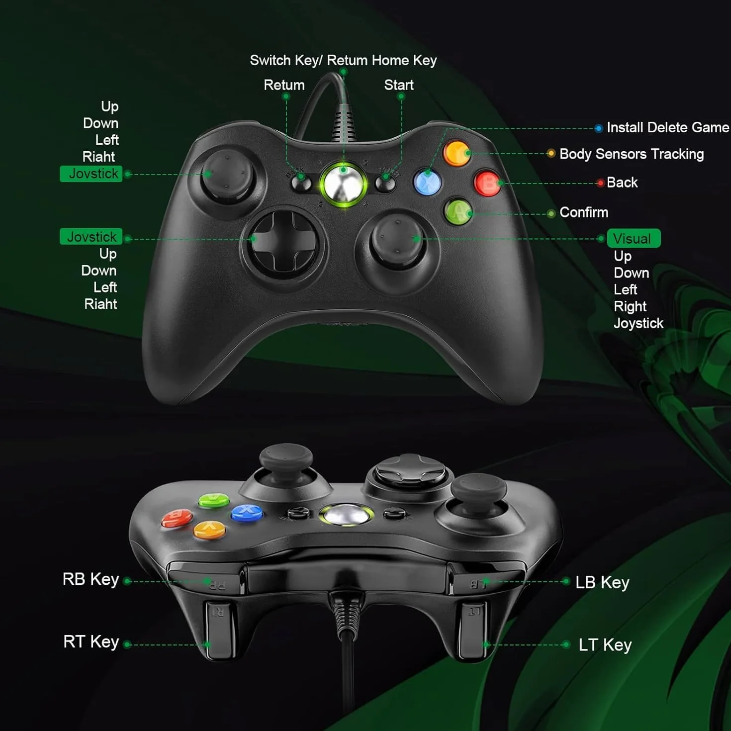 Kontroler do Xbox 360 PC, kontroler USB do gier dla Xbox 360, ulepszona konstrukcja, ergonomiczny kabel gamepad do Windows XP/Vista/7/8/8.1/10