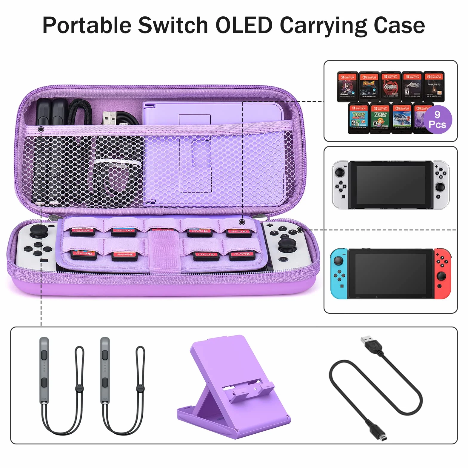 Younik Zestaw akcesoriów OLED, 15 w 1, fioletowy przełącznik, zestaw akcesoriów OLED, zawiera etui do przenoszenia z 9 przegródkami na karty do gier, regulowany stojak, etui ochronne na konsolę Switch