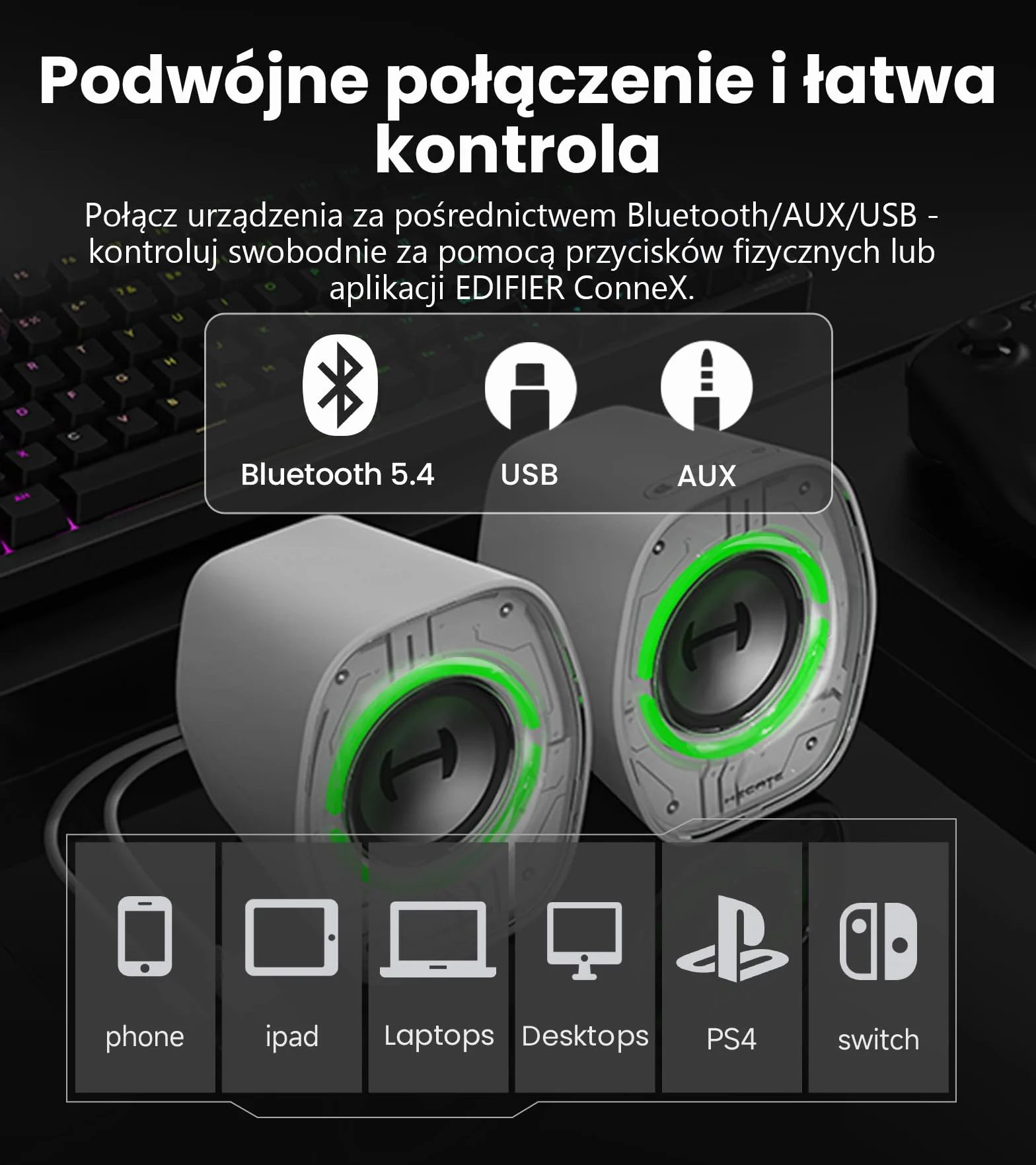 Edifier G1000 II Desktop Computer Speakers for Gaming, 2.5" Full-Range Driver & Enhanced Bass, Bluetooth 5.4 z USB-C/AUX, 9 trybów dynamicznego oświetlenia RGB, Compact for PC/PS5/Switch (czarny)