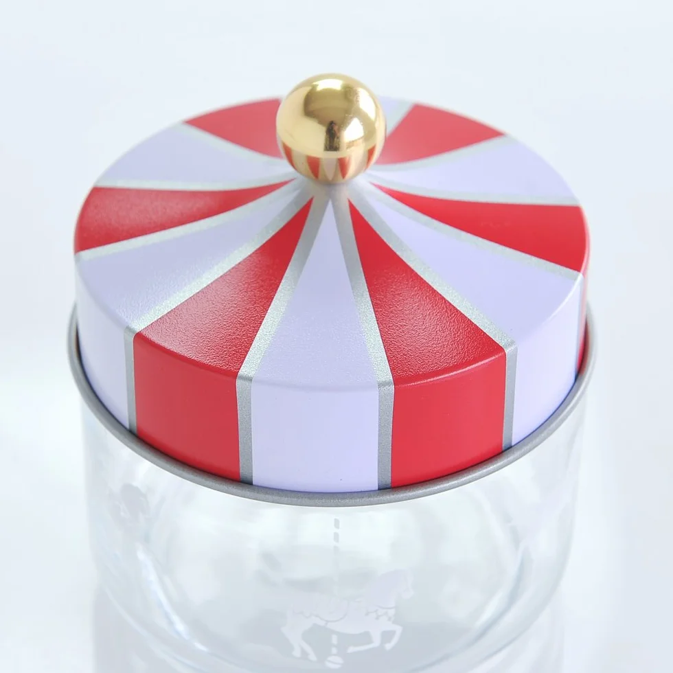 Alessi Circus MW30/50 - naczynie kuchenne na designerskie artykuły spożywcze, szkło z nadrukiem na ekranie z pokrywką z tasiemką, 50 cl