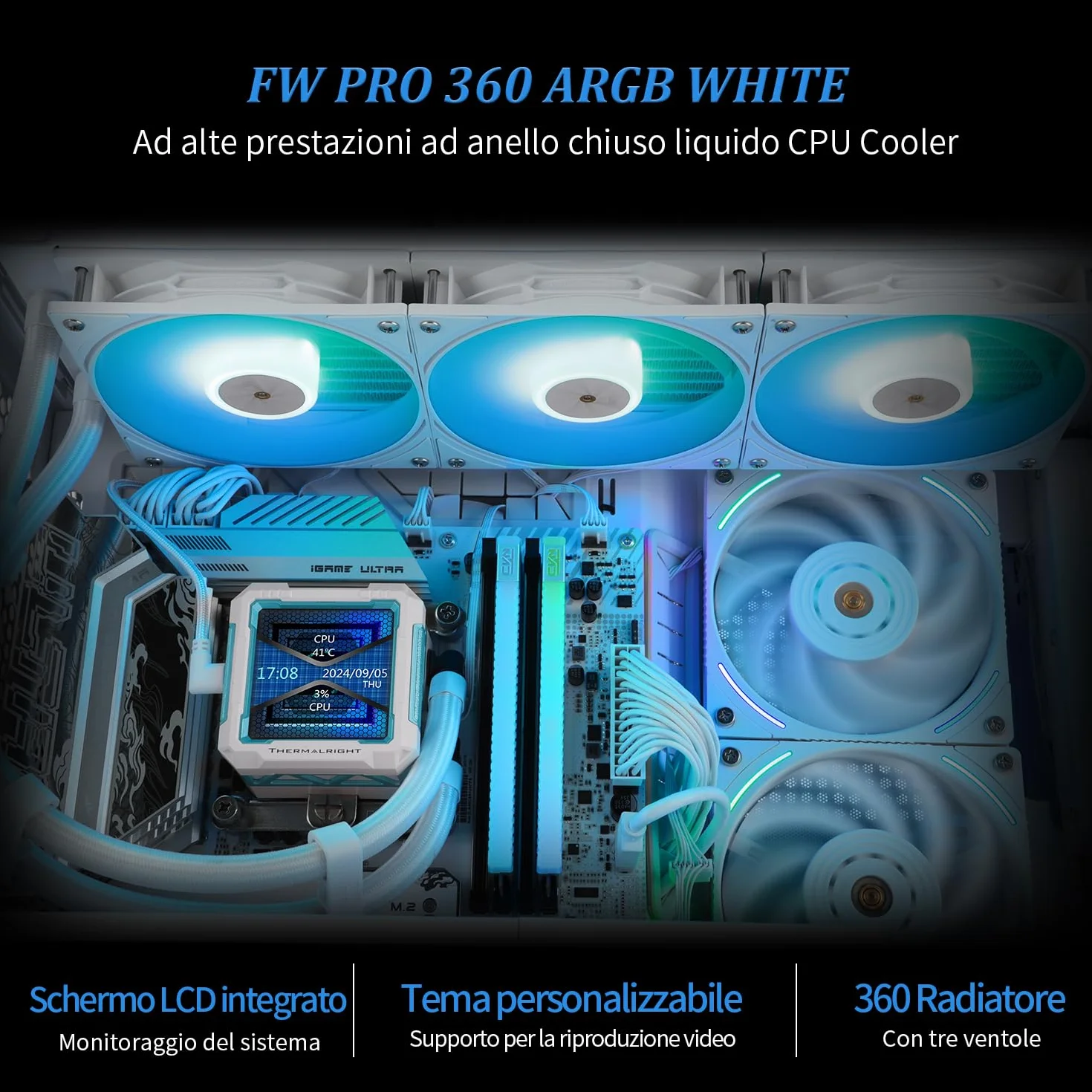 TR FW PRO 360 ARGB AIO Cooler, IPS LCD IPS o rozdzielczości 320 x 320, do AM5 i Intel 1700/1851, wysoka wydajność, chłodzona wodą ze zdejmowanym wyświetlaczem 2,73"