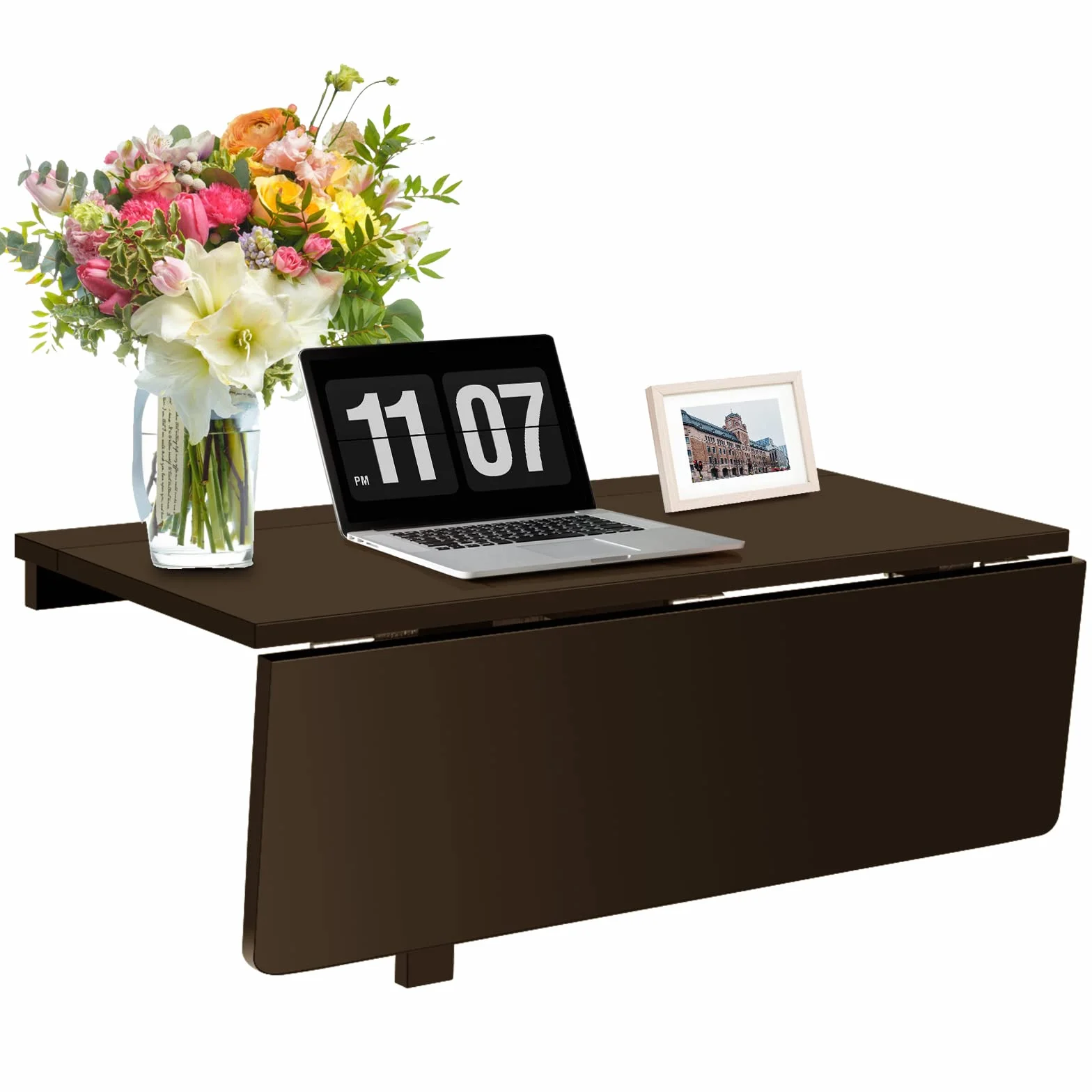 COSTWAY składany stolik do zamontowania na ścianie, 80 x 60 cm, składany stolik ścienny, stolik kuchenny oszczędniający miejsce, składany stolik ścienny do kuchni, jadalni, pokoju roboczego (brązowy)