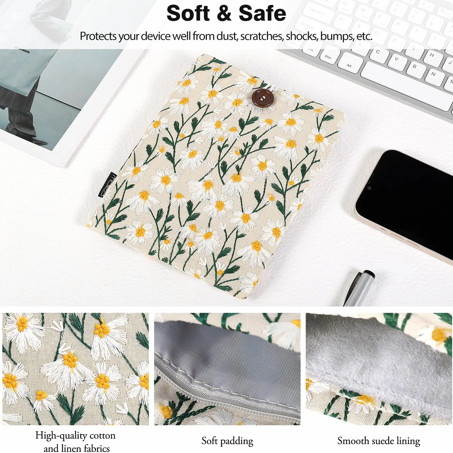 MoKo 6-7 Inch Embroidered Daisy Padded Sleeve Pouch for Kindle Colorsoft, Kindle Paperwhite 12th Gen 2024, Kindle 2022-2016, Kindle Pouch for Oasis/Voyage/Kobo eReader, Beige