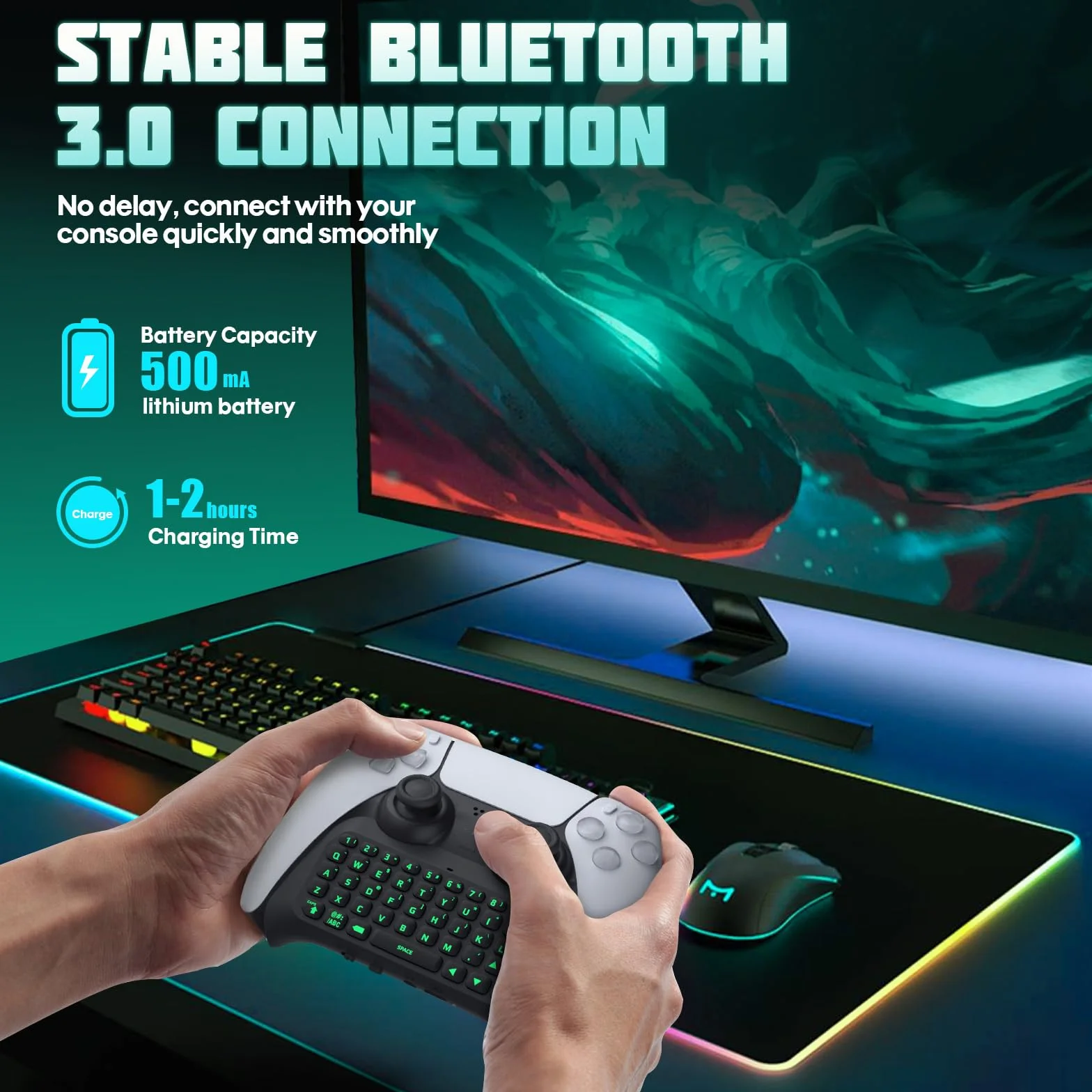 TiMOVO Green Backlight Keyboard for PS5 Controller, Wireless Bluetooth Keypad Chatpad for Playstation 5 Controller, Mini Game Keyboard Built-in Speaker with 3.5mm Audio Jack for Messaging, Black