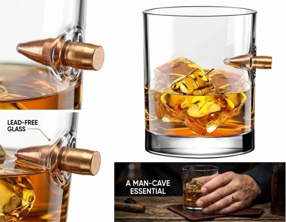 Szklanki do Whisky z Wkładką Pocisku,Ręcznie Robione Szklanki z Kryształu Bezołowiowego – Prezent dla Taty, Mężczyzny, Miłośnika Bourbona lub Scotch – Urodziny, Święta, Walentynki (A-2pc)