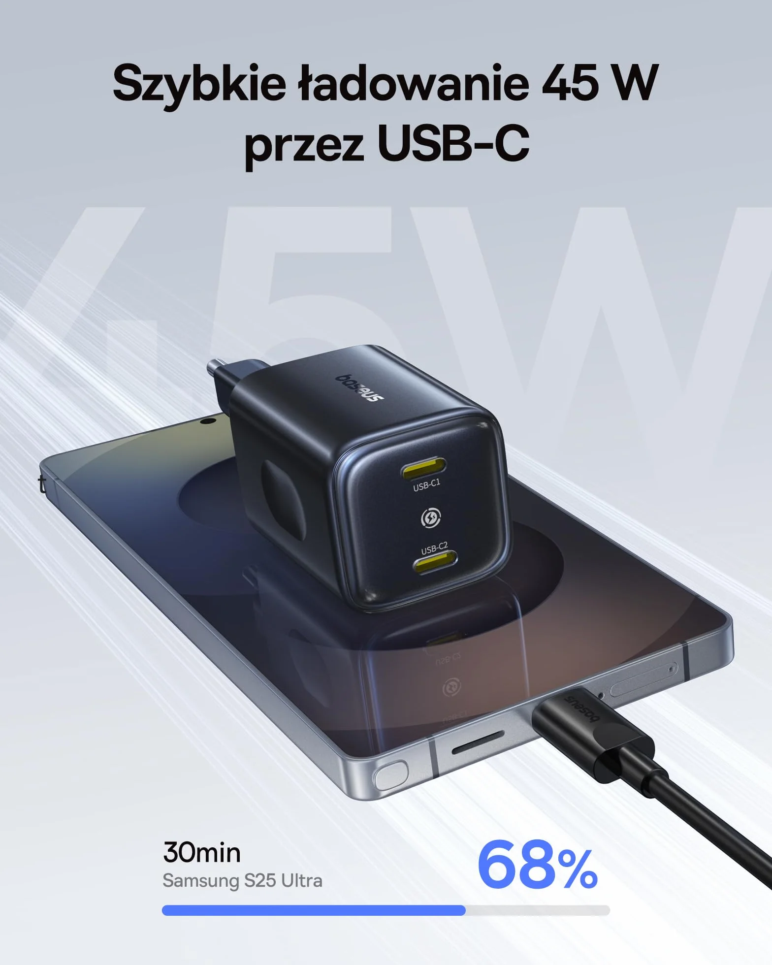 Baseus PicoGo II Ładowarka USB C 45W, 2 Porty USB C, Zasilacz PD 3.0 PPS, Szybka Ładowarka, Kompatybilna Z iPhone 17/17 Pro Max/16-12, Galaxy S25 Ultra, Pixel, iPad Pro/Air, Steam Deck