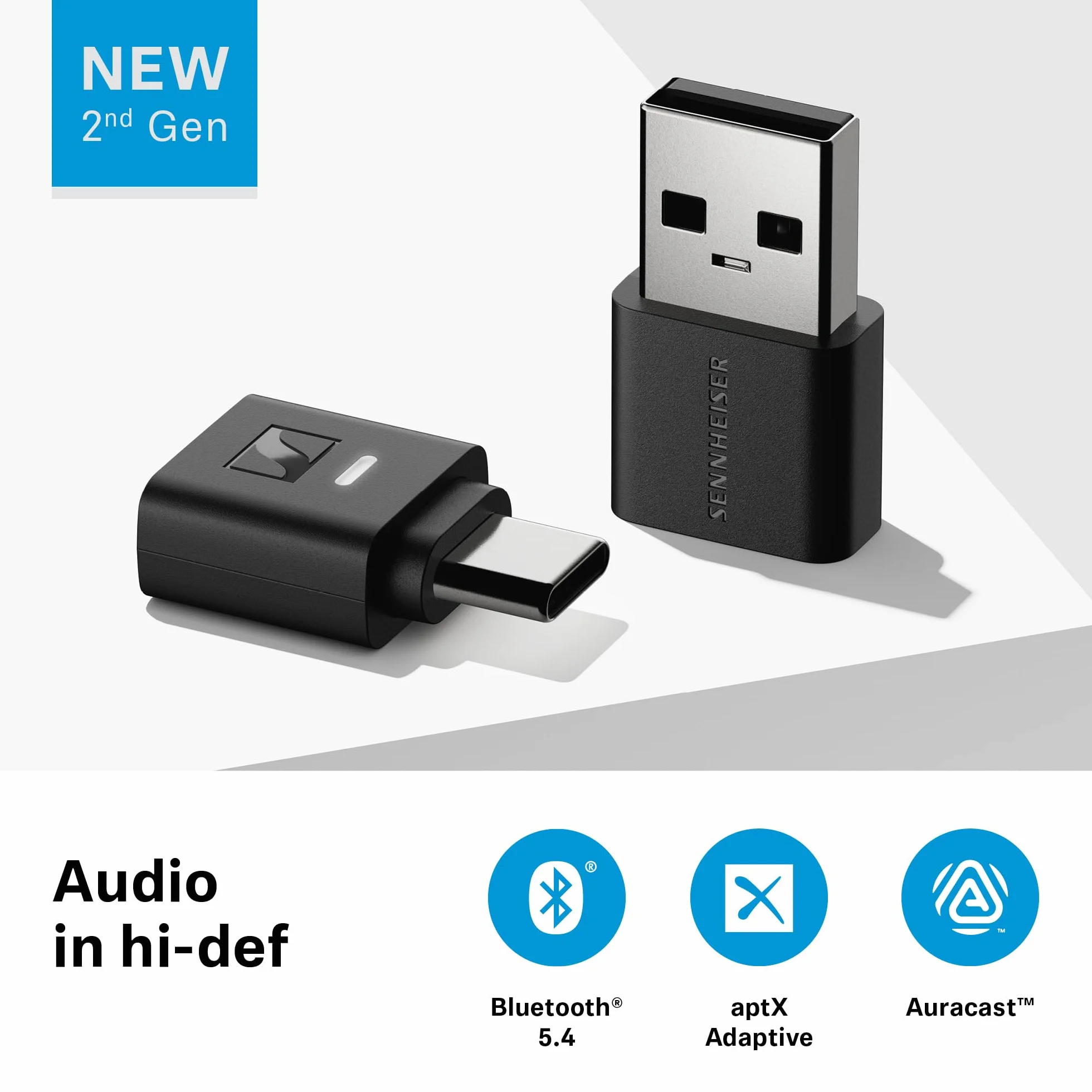 Sennheiser BTD 700 Klucz sprzętowy – transmiter audio typu Plug & Play z aptX Losless, Auracast dla słuchawek i głośników – niezwykle niska latencja, Bluetooth 5.4, kompatybilność z USB-C i USB-A
