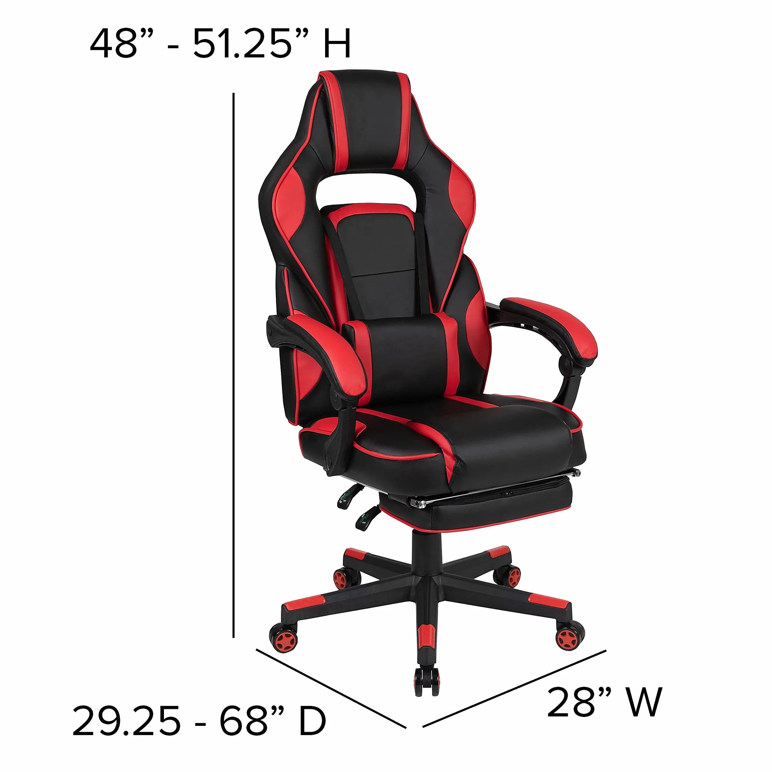 Flash Furniture X40 fotel gamingowy, ergonomiczne krzesło komputerowe z całkowicie odchylanymi oparciem/ramionami, wysuwanym podnóżkiem, masującym lędźwiowym - czerwony