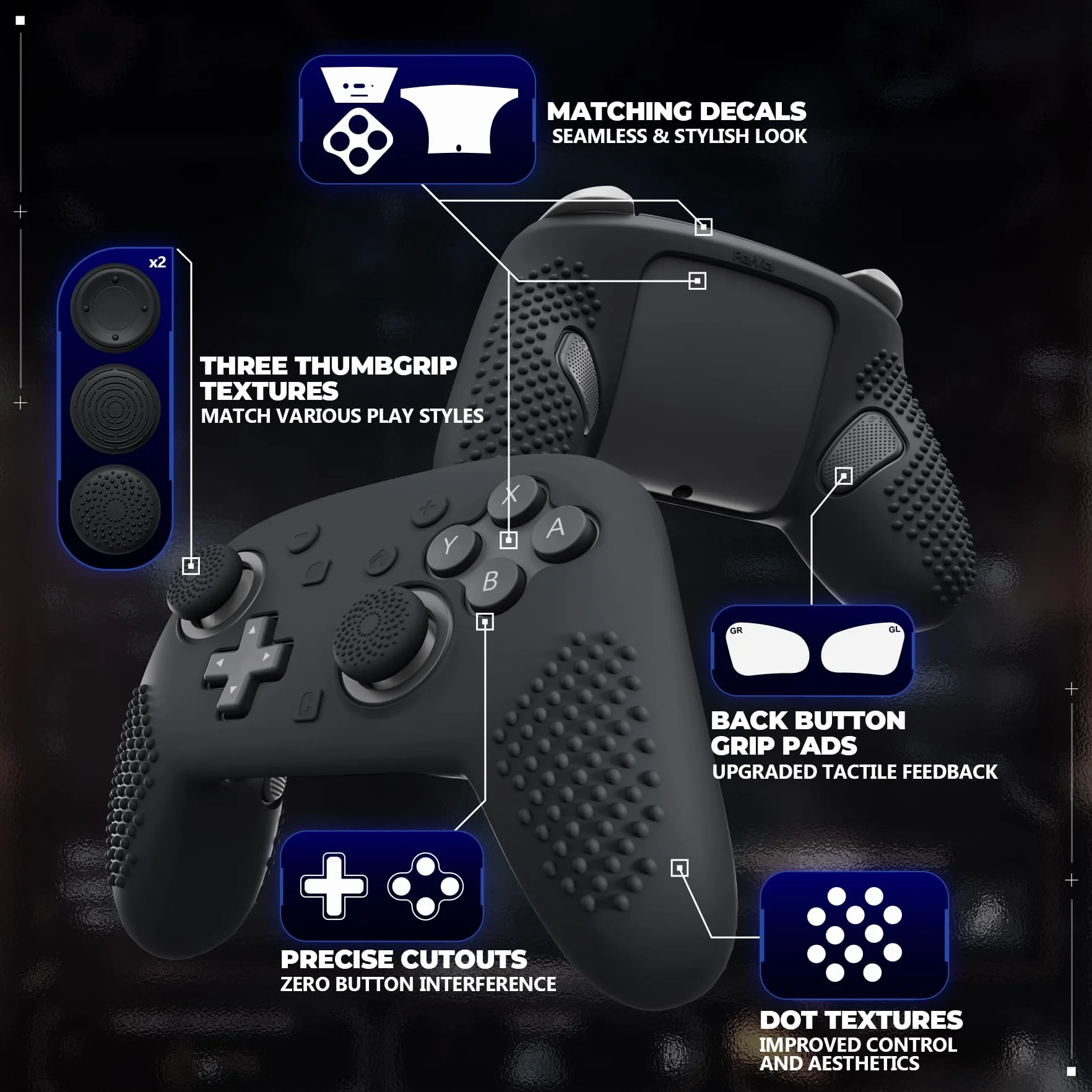 PlayVital Osłona Ochronna do Switch 2 Pro Etui Uchwyt Kontrolera Pokrowiec Silikonowy do Switch 2 Pro z Nakładkami na Przyciski/Joysticki i Naklejkami,Antypoślizgowa Osłona Kontrolera–Czarna