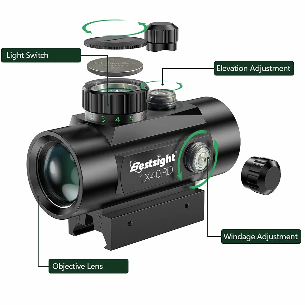 Paike 1X40 kolimator red dot czerwona zielona kropka podświetlana, szyna 11mm/20mm, osłony ochronne luneta