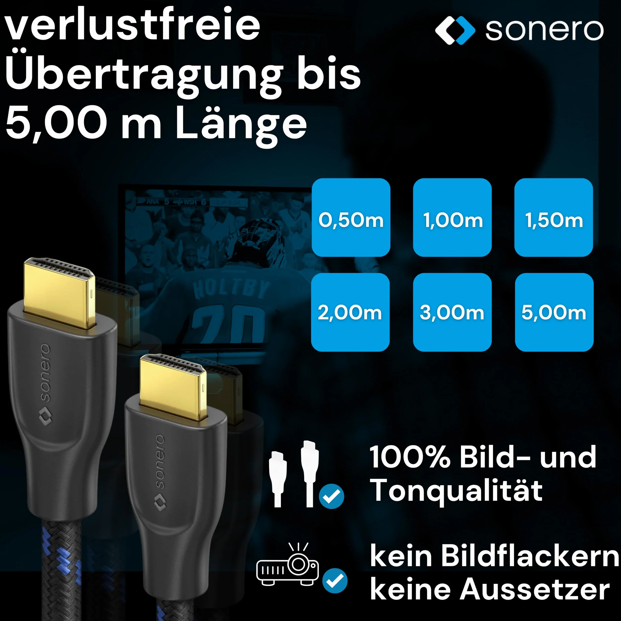 sonero PHC011-030 Premium certyfikowany kabel High Speed HDMI z Ethernetem z oplotem nylonowym, pozłacane złącza (4K UltraHD, 3D Full HD, 18 Gbps Full Bandwith, HDR High Dynamic Range), 3,0 m