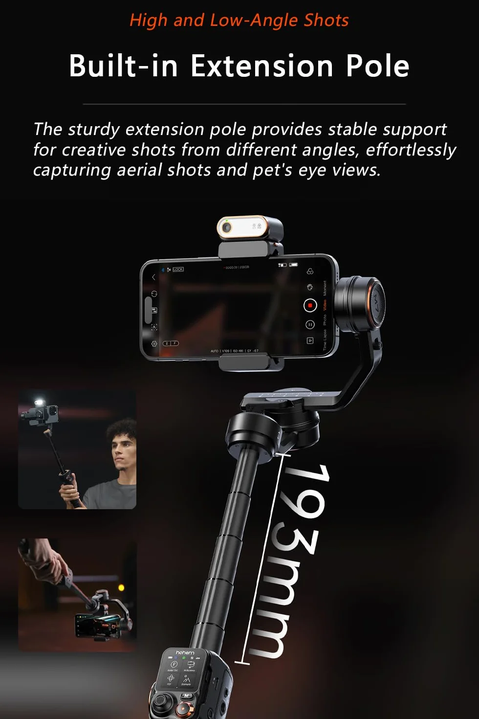 hohem iSteady M7 stabilizator do smartfona, tracker AI z regulowanym światłem RGB, zdejmowany pilot dotykowy, drążek przedłużający, stabilizator imbalowy o ładowności 500 g, dla iPhone i Android