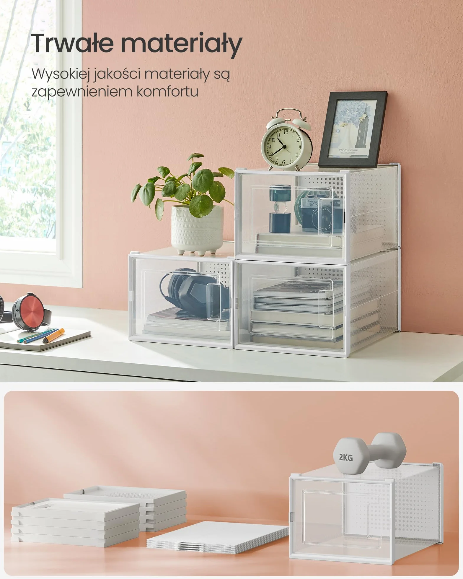 SONGMICS Pudełka na buty, pakowane po 12 pudełek na buty, składane i sztaplowane, do rozmiaru 46, przezroczysto-białe LSP12MWT