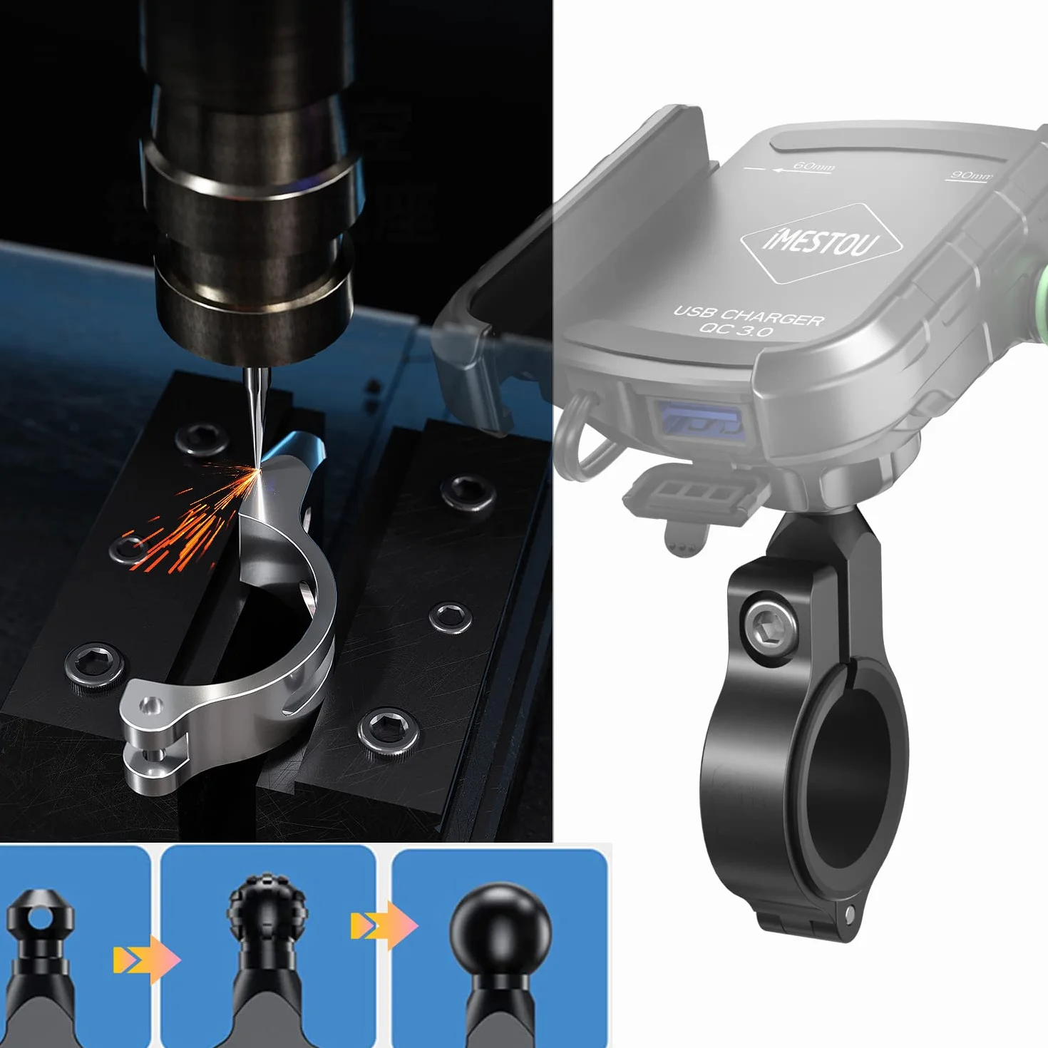 iMESTOU Uchwyt motocyklowy do telefonu Ładowarka z portem ładowania Quick Charge USB3.0, uchwyt na kierownicę/lusterko wsteczne Uchwyt mobilny obracany o 360° dla smartfonów 3,5"-6,8"