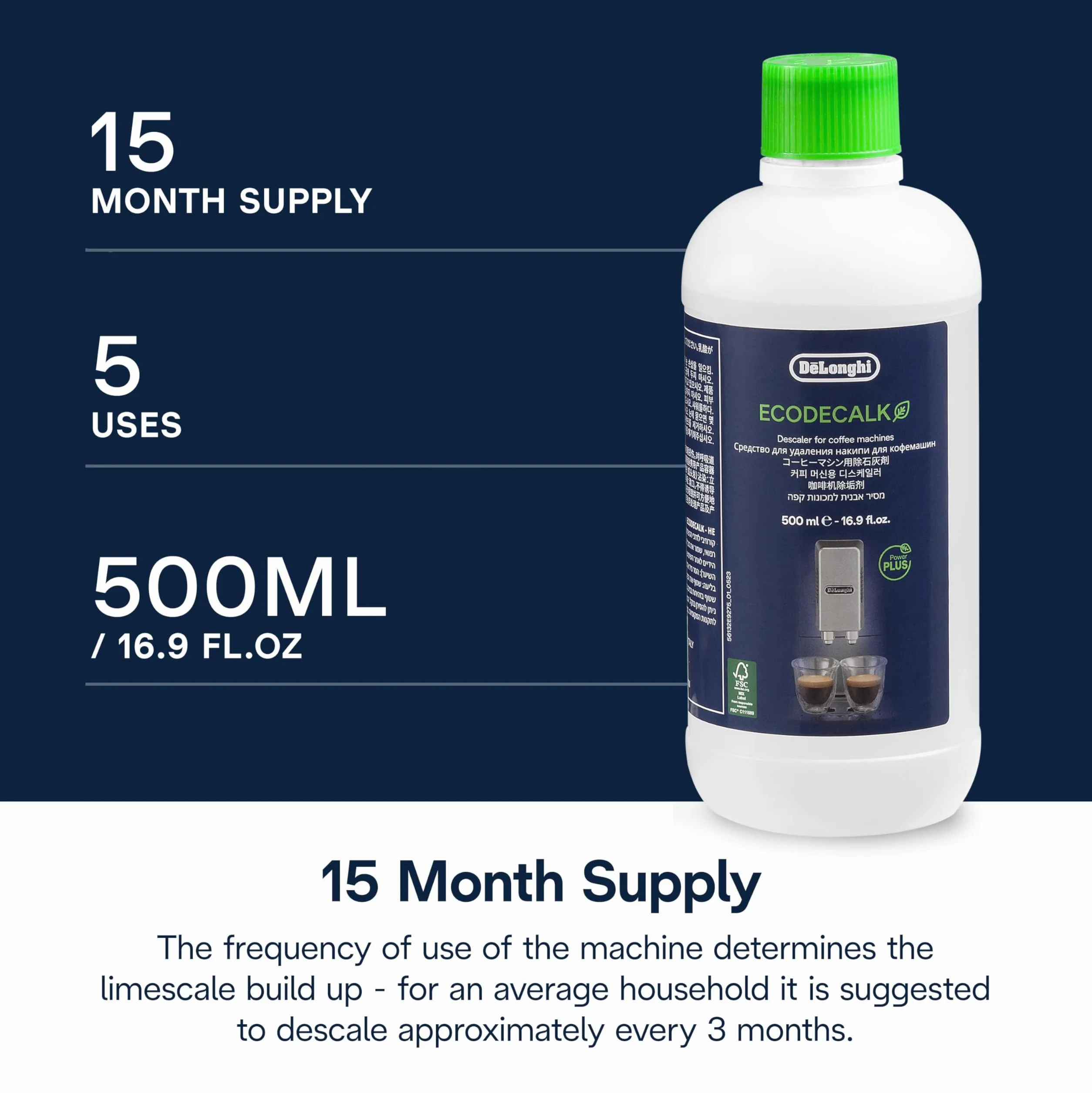De'Longhi Oryginalny EcoDecalk DLSC502 – odkamieniacz do ekspresów do kawy i ekspresów do kawy, uniwersalny odkamieniacz do 10 procesów odkamieniania, 2 x 500 ml