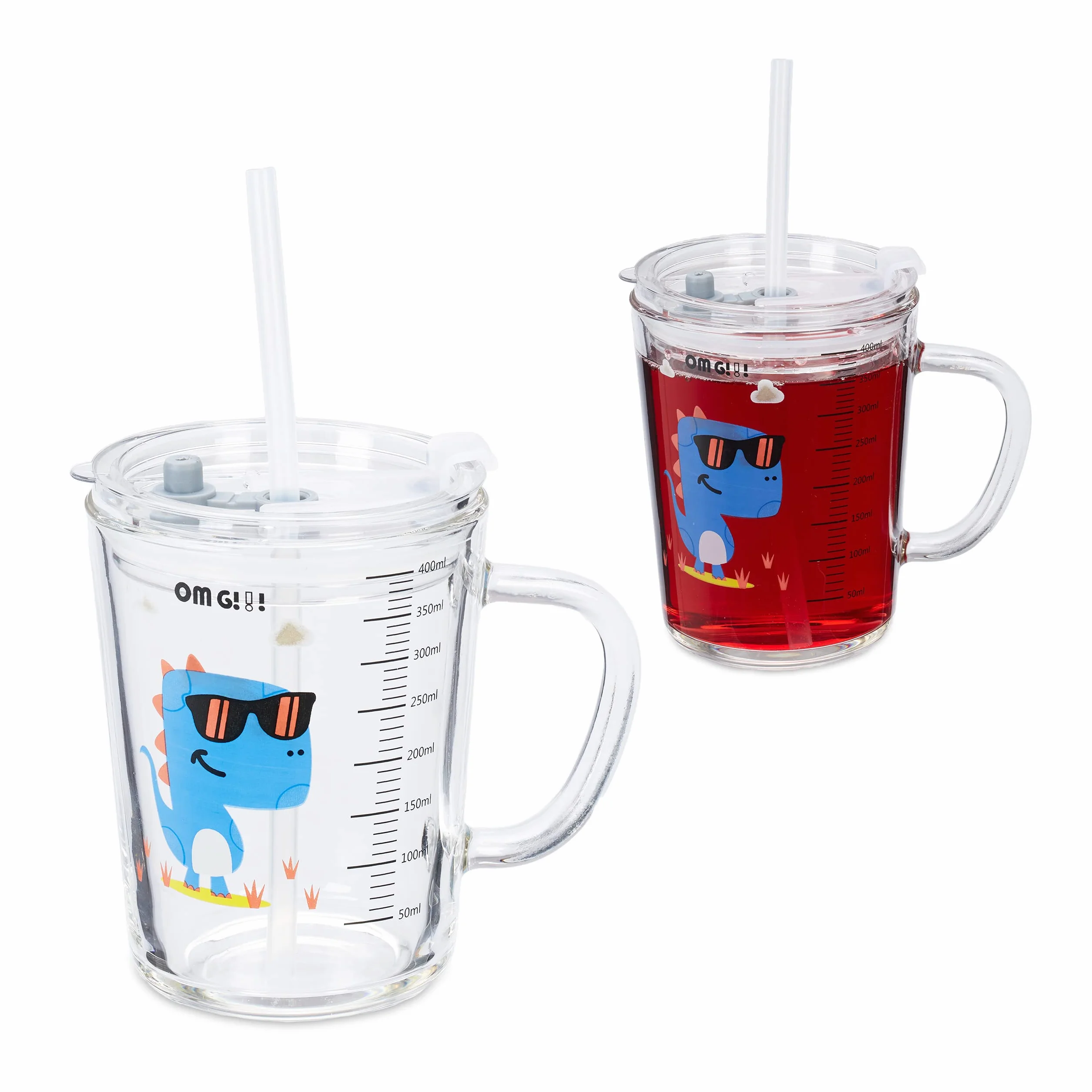 Relaxdays Zestaw 2 szklanek dla dzieci, motyw dinozaura, szklanka do picia dla dzieci, z uchwytem, pokrywką i słomką, skala 400 ml, przezroczyste