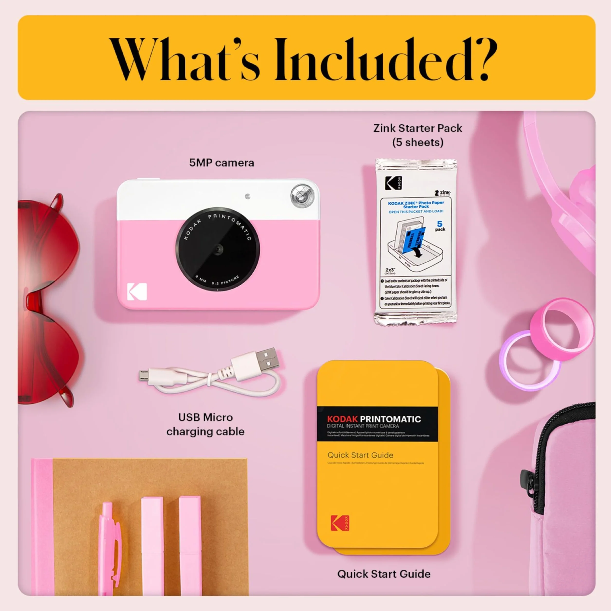 KODAK Printomatic Pełnokolorowy zestaw startowy aparatu do natychmiastowego drukowania + miękkie etui + papier fotograficzny z cynkiem, 20 szt., kolorowe zdjęcia na papierze samoprzylepnym 5 x 7,6 cm,