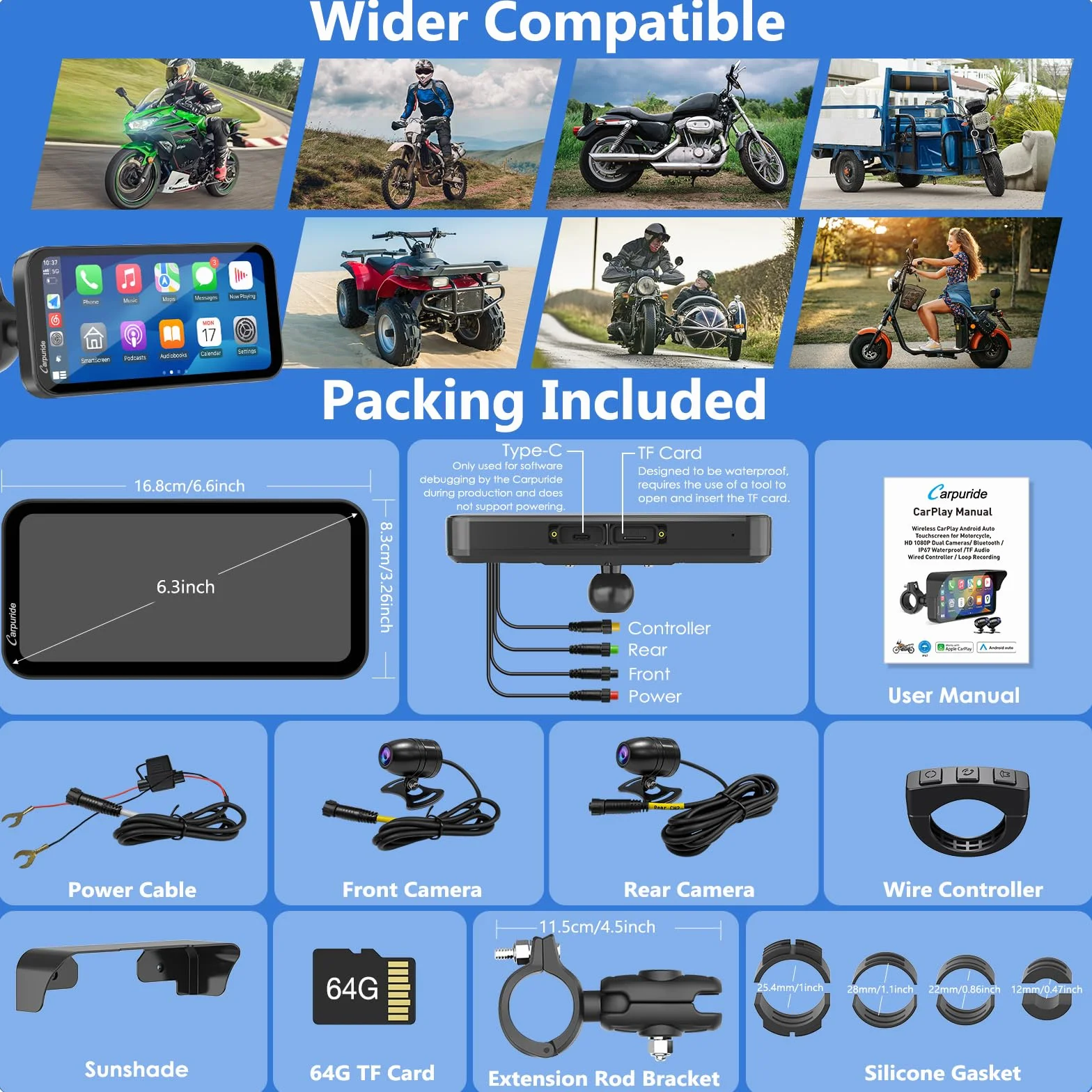 Carpuride W603D Motorcycle GPS Carplay Screen, Wireless CarPlay & Android Auto for Moto, z podwójnymi kamerami HD 1080P, pilotem, 6,3-calowym wodoodpornym ekranem dotykowym, nawigacja