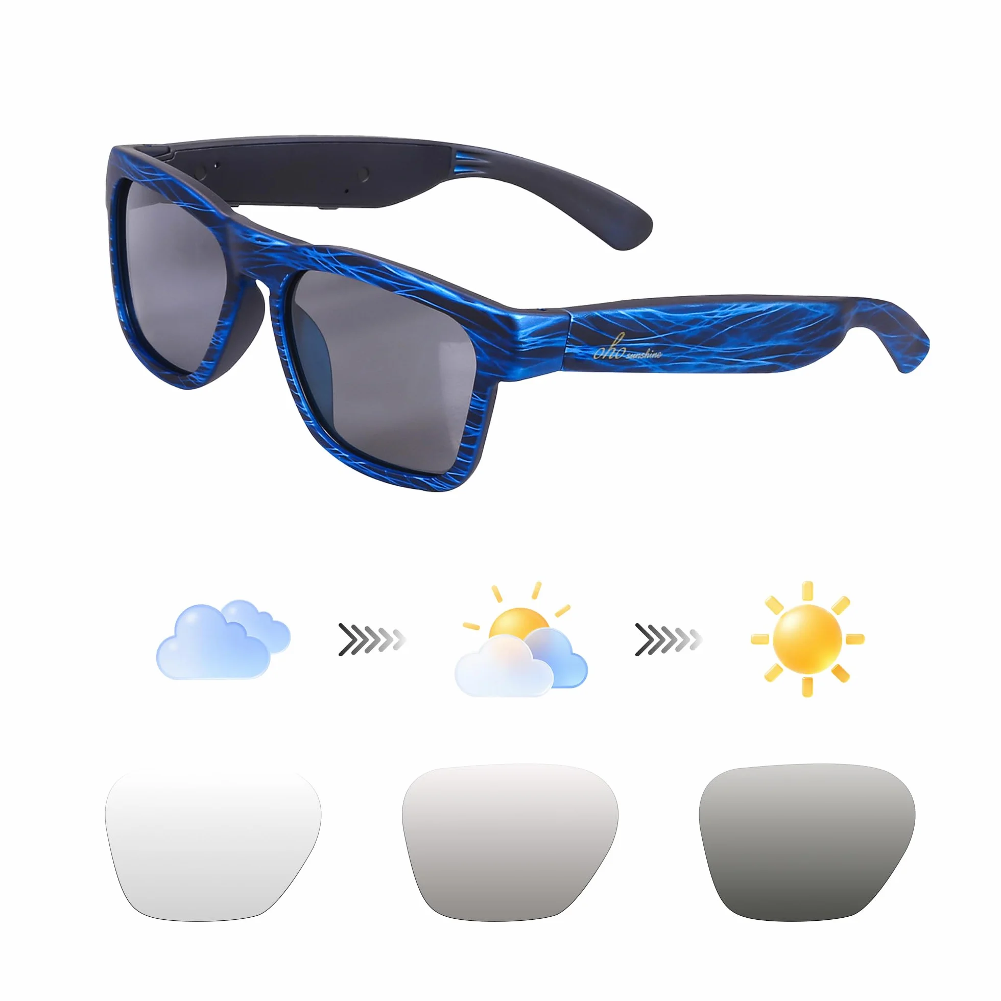 OhO sunshine Inteligentne okulary do tłumaczenia AI z głośnikiem Bluetooth z soczewką fotochromową do użytku na zewnątrz i wewnątrz, NIEBIESKI, Rozmiar Uniwersalny