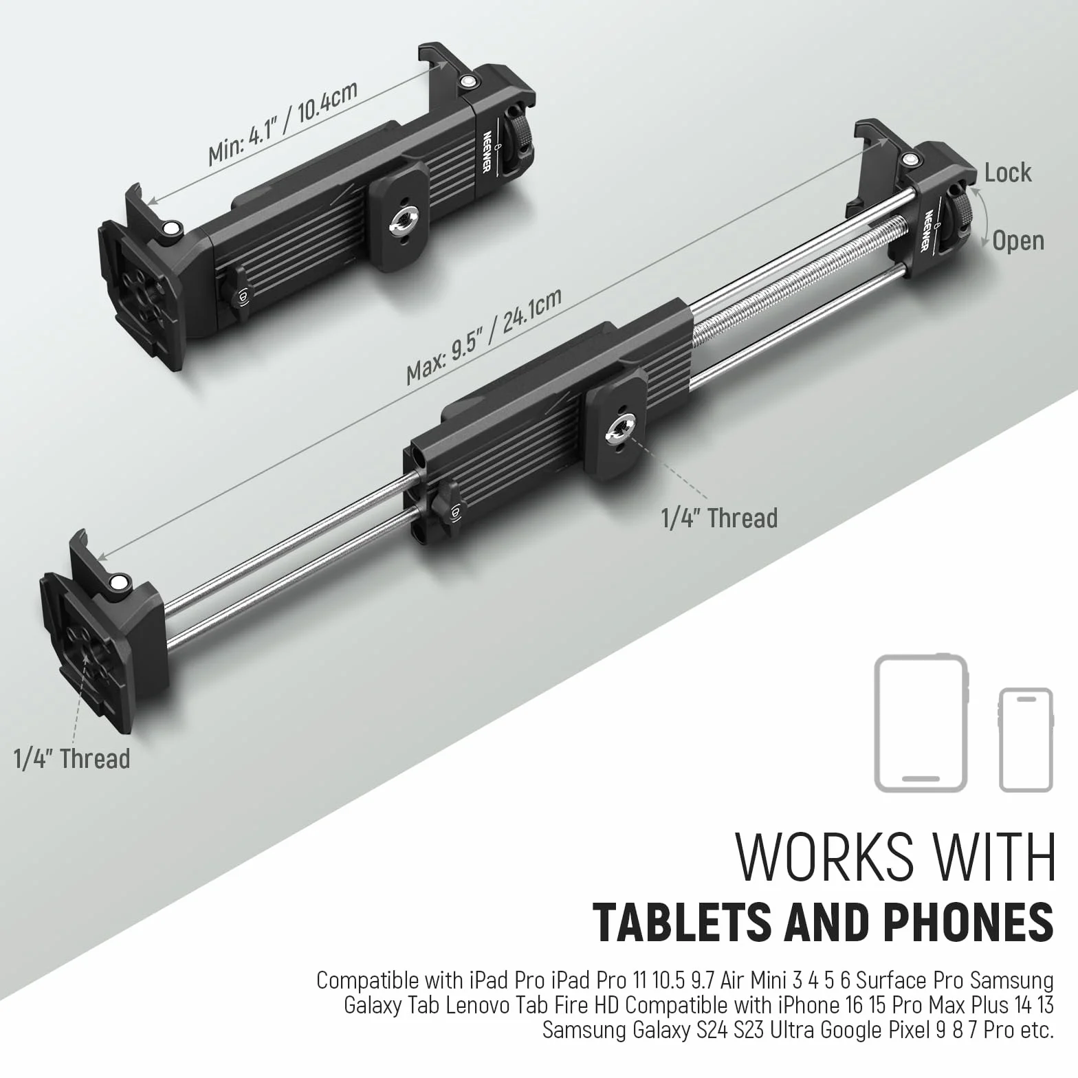NEEWER Uchwyt do tabletu do iPada, statywu, adaptera, metalowy zacisk do tabletu z Cold Shoe, podstawa Arca, interfejs NATO, śruba 1/4" do iPada mini Air Pro Surface Pro (7,9" do 12,9"), PA100