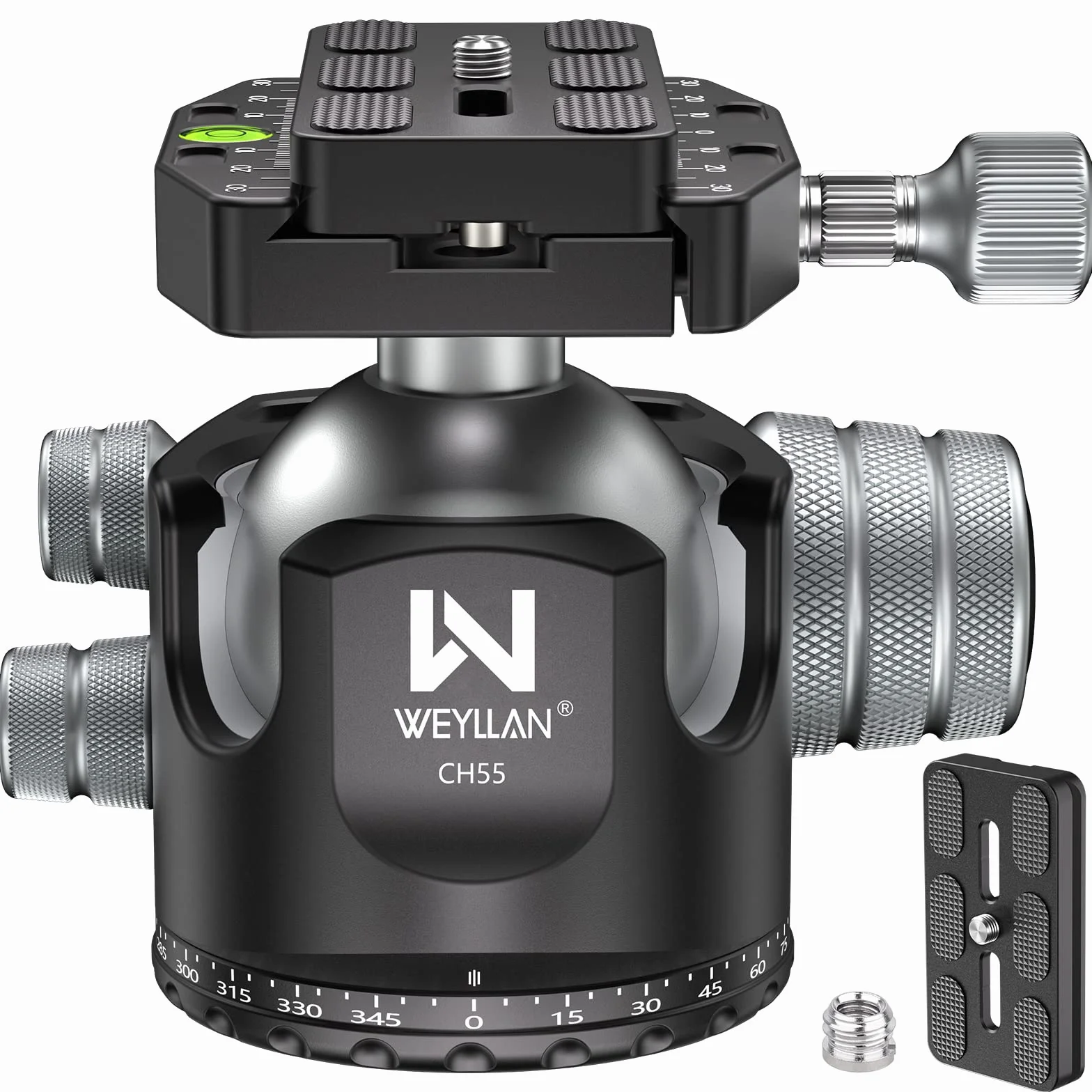WEYLLAN CH55 Głowica kulowa statywu 55 mm, duży rozmiar, wytrzymała głowica statywu 360, panoramiczny uchwyt głowicy kulowej, aluminiowa głowica kamery CNC do statywu, z dwiema płytkami szybkiego