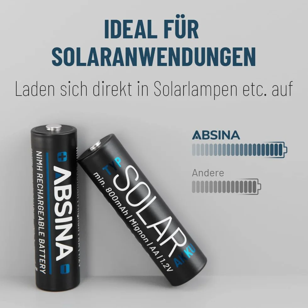 ABSINA 4 x bateria solarna AA do ponownego ładowania, 800 mAh, 1,2 V NiMH, ładowalne baterie AA do lampy solarnej, bateria AA do lamp solarnych, akumulatory AA, baterie AA
