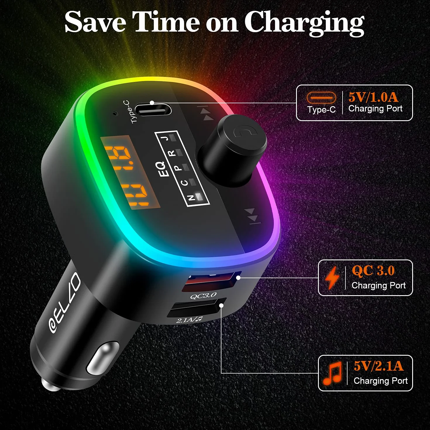 ELZO Nadajnik FM Bluetooth do samochodu, 5.0 Bluetooth adapter samochodowy z 10 kolorami światła LED i szybkim ładowaniem QC3.0, nadajnik Bluetooth, obsługa odtwarzacza MP3, zestaw głośnomówiący, czarny