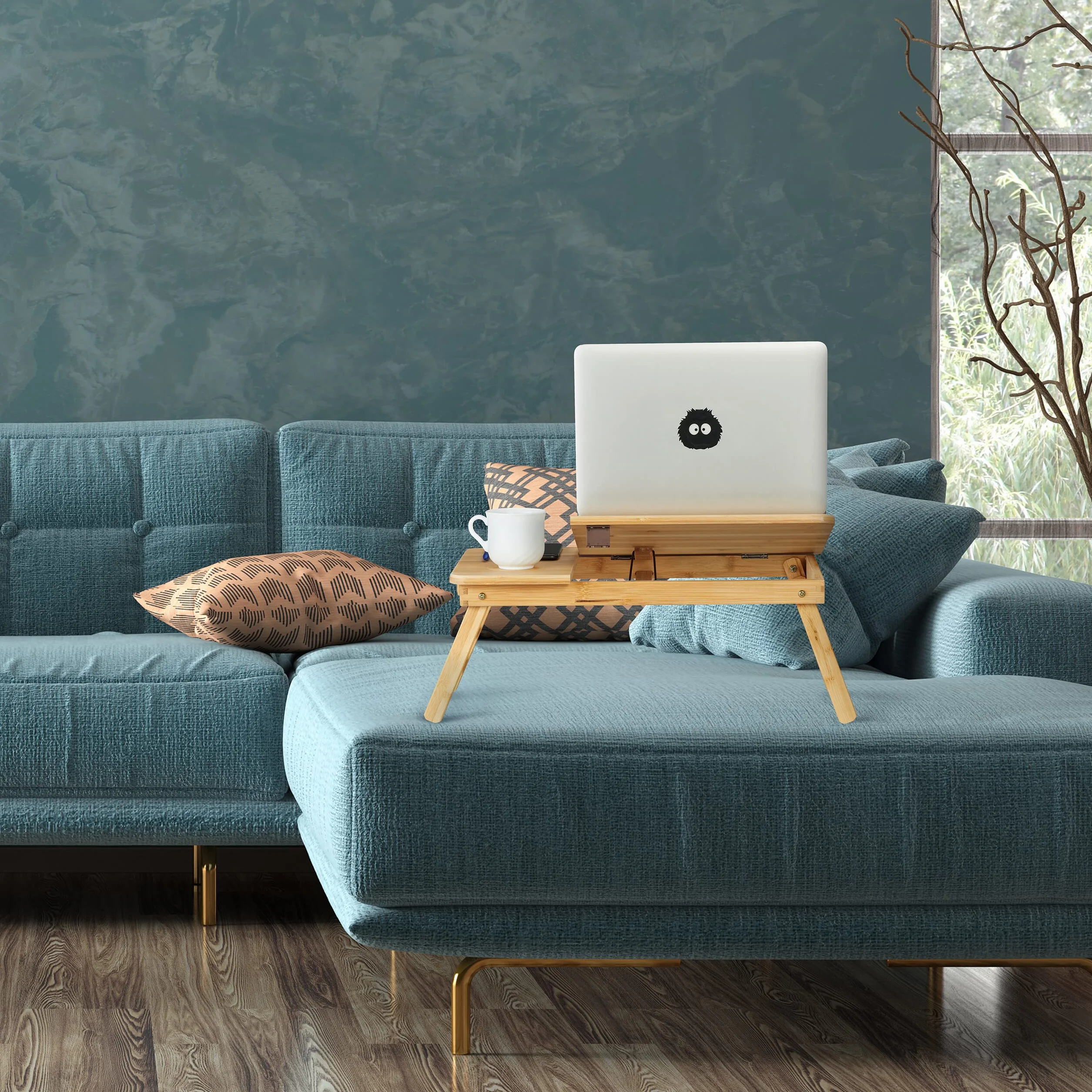 Relaxdays Stolik pod laptopa na kanapę, bambus, składany, z regulacją wysokości, pochylany blat stołu, szuflady, stolik do łóżka, naturalny