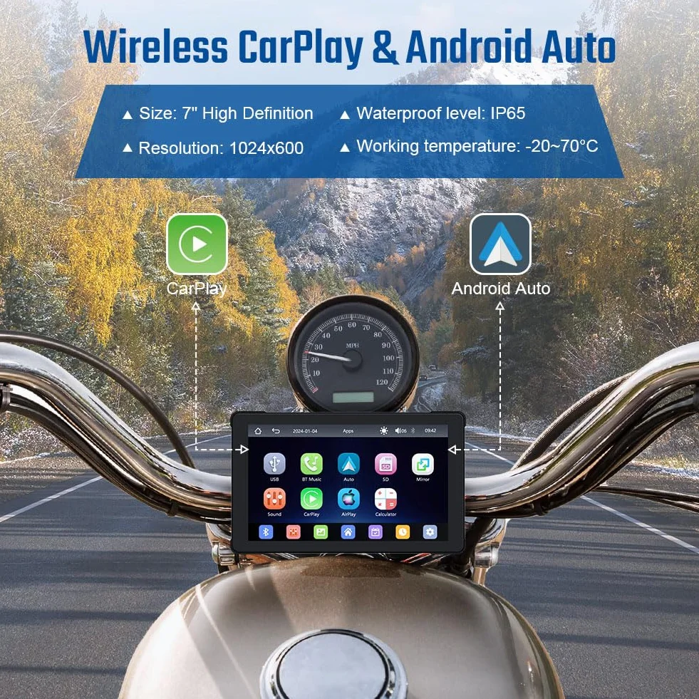 AXFEE Carplay motocyklowy ekran GPS, Carplay do motocykla z przenośnym uchwytem, CarPlay i Android Auto do motocykla, 7-calowy ekran dotykowy, podwójny Bluetooth, karta TF 32 G, GPS, Siri.