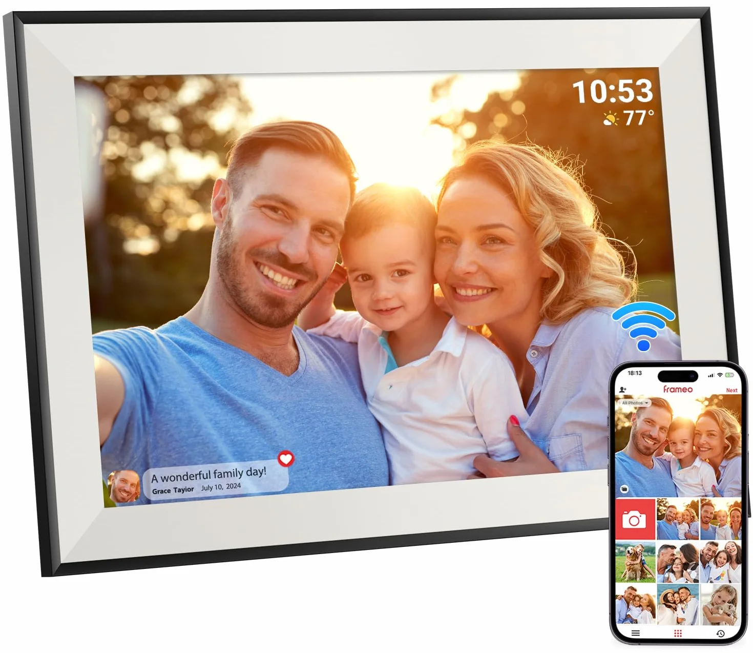 Hesmor Frameo Cyfrowa ramka na zdjęcia WiFi, 10,1-calowa cyfrowa ramka na zdjęcia 1280 x 800 IPS ekran dotykowy automatycznie obracana elektroniczna ramka na zdjęcia udostępnianie zdjęć wideo w
