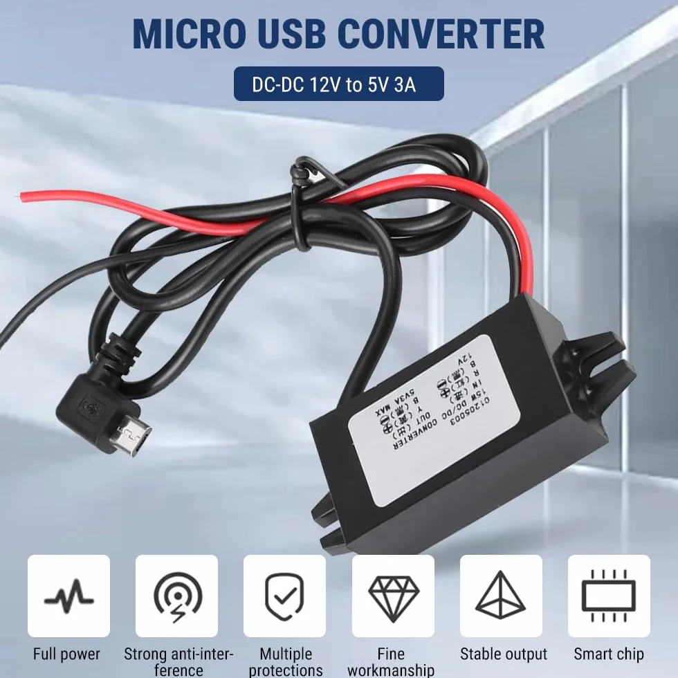 Przetwornica napięcia 12 V 5 V, regulator napięcia transformatora, DC-DC 12 V do 5 V 3 A Micro USB Buck Converter for Auto Smartphone, wyświetlacz LED, wentylator elektryczny
