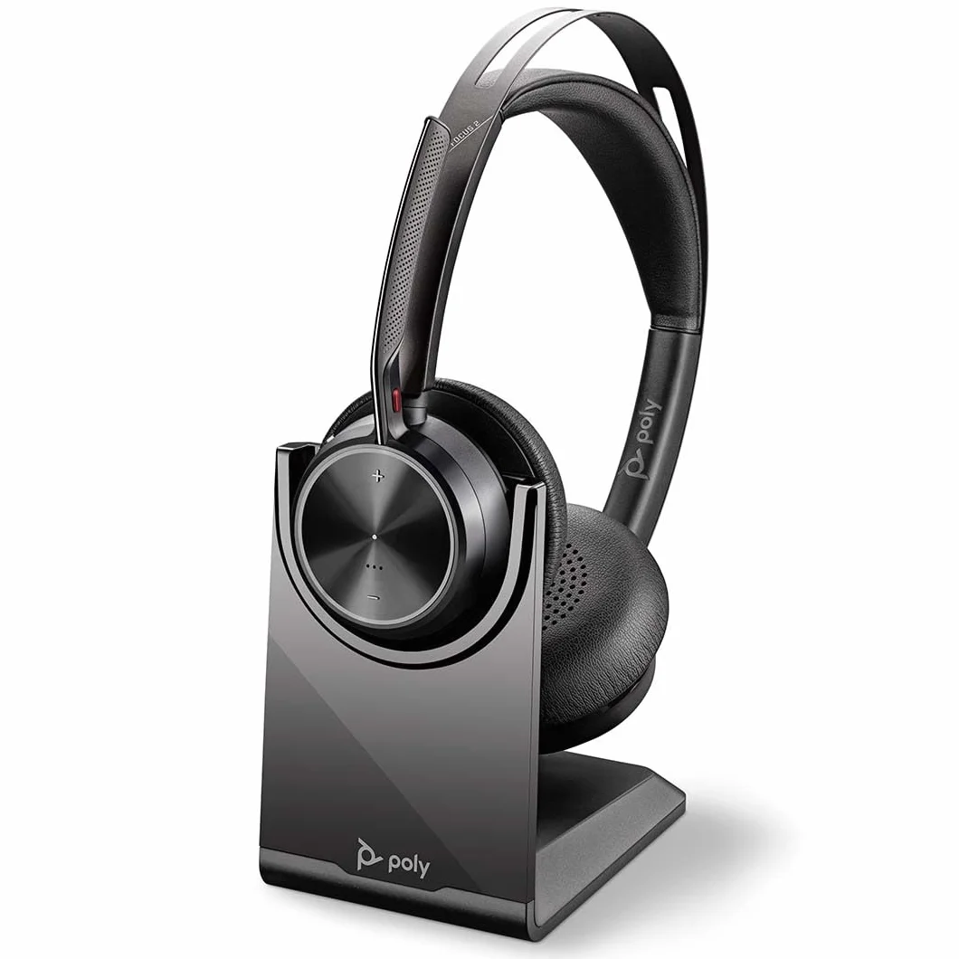 POLY Voyager Focus 2 zestaw słuchawkowy USB-C ze stacją ładującą i adapterem USB-C/A – Bluetooth, ANC, technologia Acoustic Fence, do 25 godzin rozmów, czarny