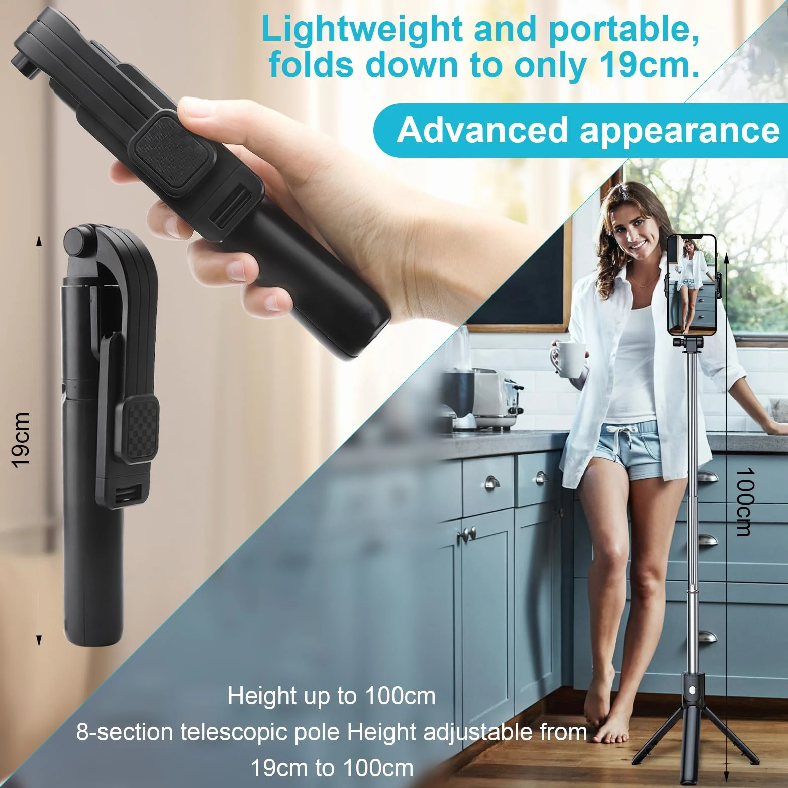 TNSLAND Kijek do selfie ze statywem do telefonu komórkowego, 100 cm, kijek do selfie Bluetooth, z pilotem zdalnego sterowania i uchwytem na telefon komórkowy, statyw przenośny, wysuwany do smartfonów