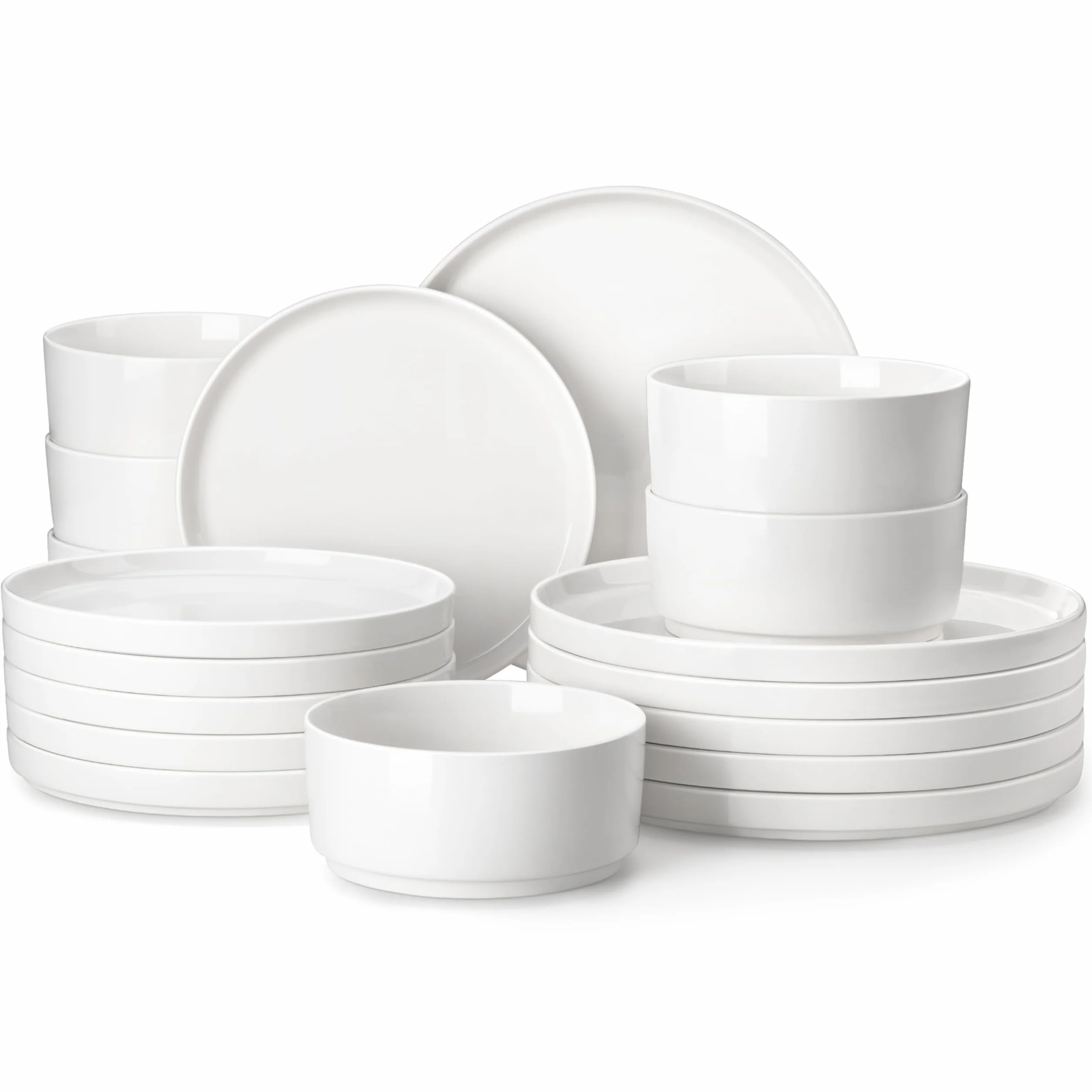 MALACASA Zestaw obiadowy dla 6 osób, 18-częściowy porcelanowy zestaw obiadowy - talerze, miski, talerze sałatkowe, miski na płatki - biała seria Leah