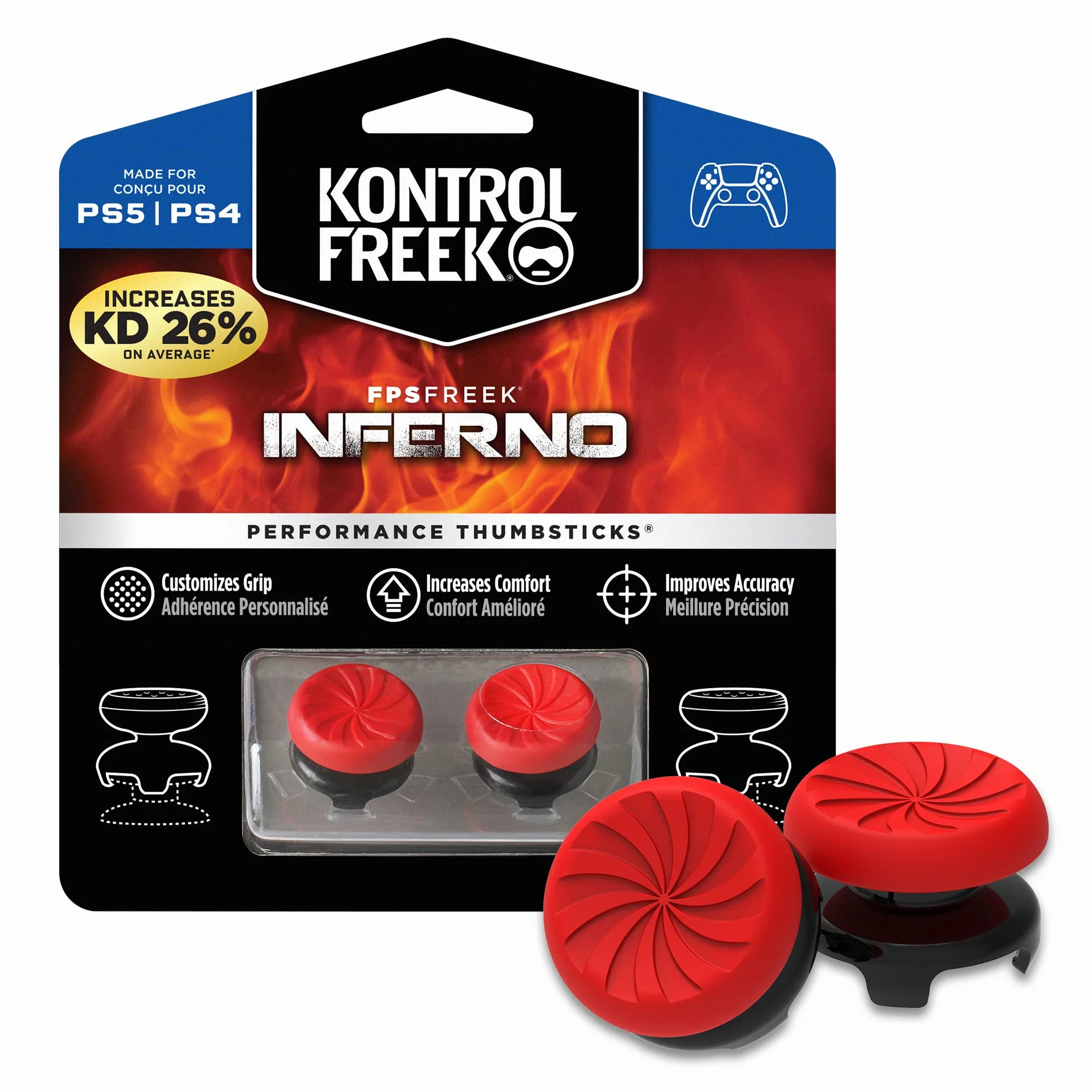 KontrolFreek FPS Freek Inferno do kontrolera Playstation 4 (PS4) i Playstation 5 (PS5), Performance Thumbsticks | 2 High Rise Concave, czerwone