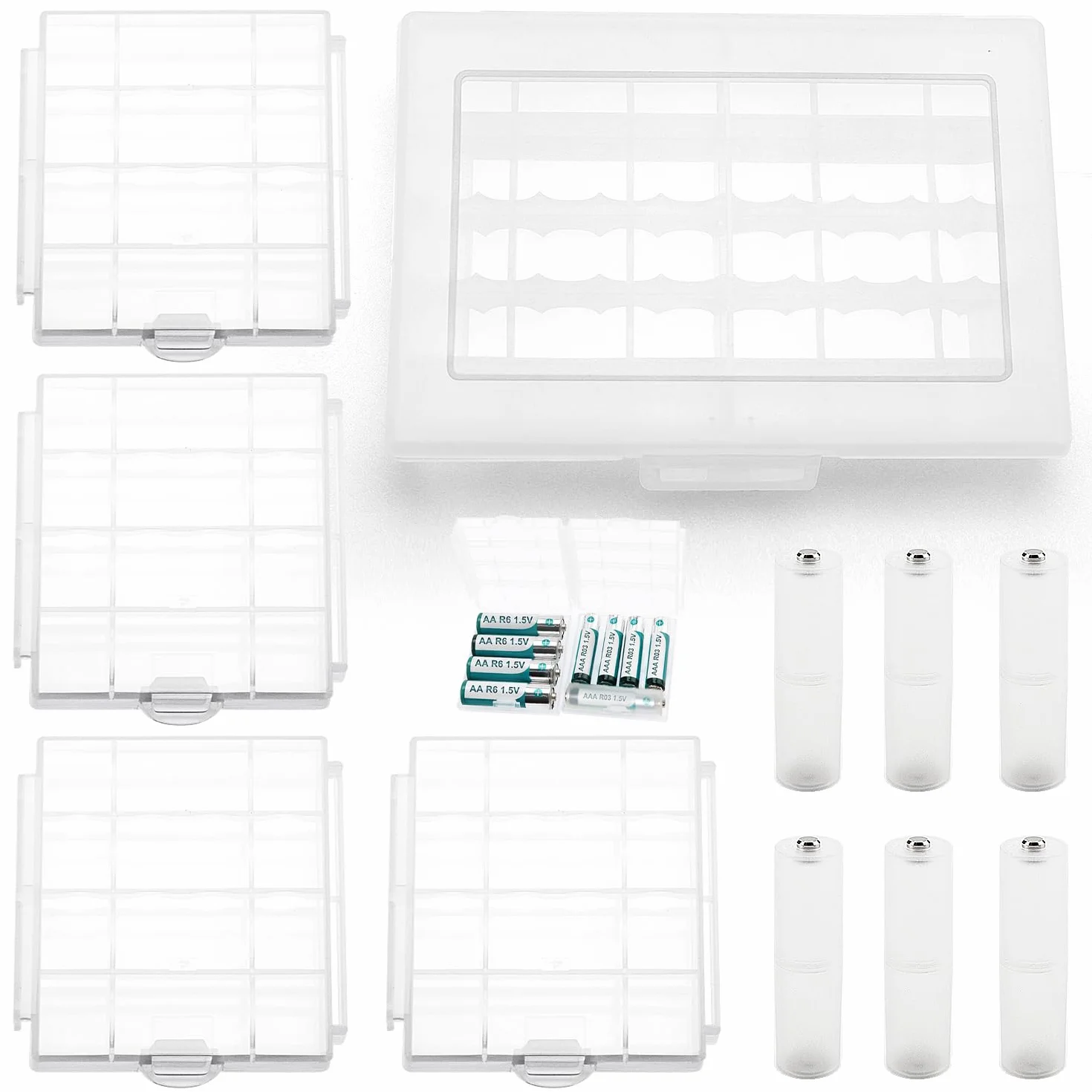 5 Sztuk AA/AAA Battery Storage Box Sets, KUOQIY Wielofunkcyjny Plastikowy Pojemnik na Baterie, z 6 PCS AAA do AA Adapter Converter, do Przechowywania i Ochrony Baterii AA i AAA (4 +10 Cell)