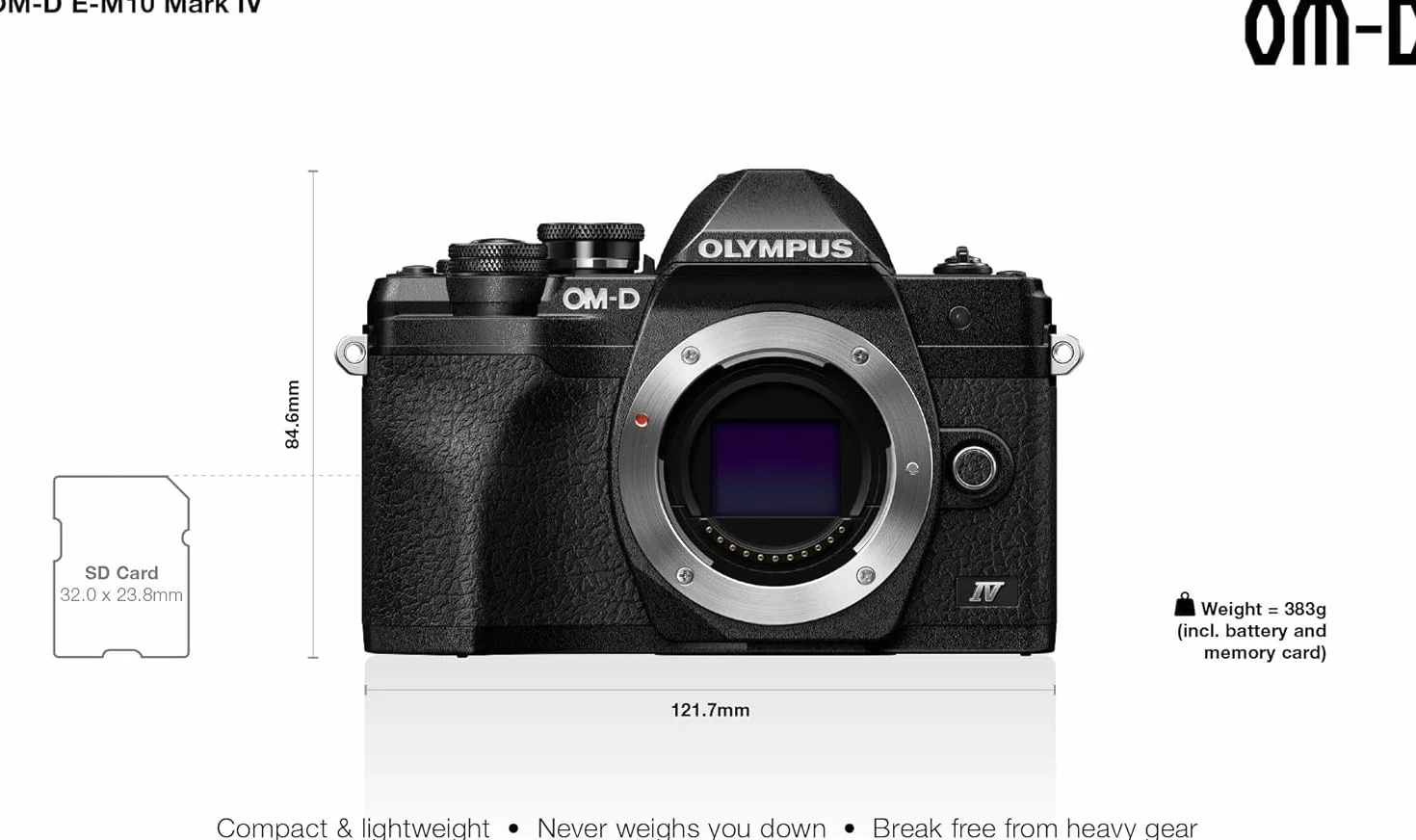 Olympus OM-D E-M10 Mark IV Micro Four Thirds System Camera, czujnik 20 MP, 5-osiowy stabilizator obrazu, ekran LCD do selfie, wizjer elektroniczny, wideo 4K, mocny AF, Wi-Fi, czarny