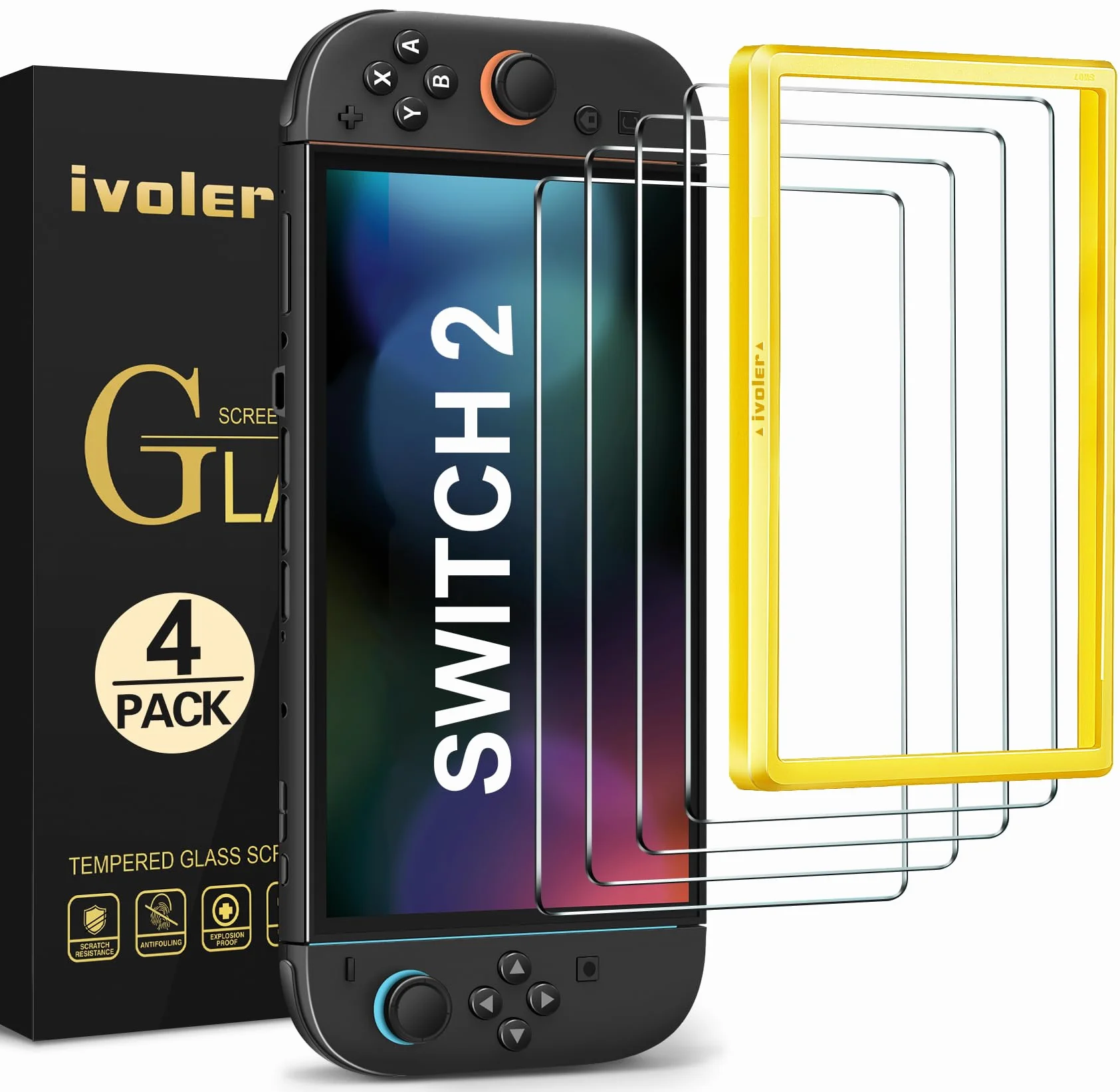 iVoler 4 szt. szkło hartowane do Nintendo Switch 2 (2025). Szybki montaż w 30s dzięki ramce pozycjonującej, twardość 9H, HD-Klar, odporne na zarysowania i bąbelki