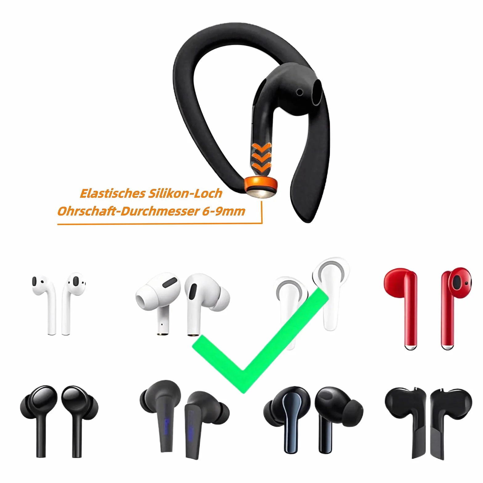 1 para zaczepów na ucho do słuchawek Bluetooth, do słuchawek Airpods, Apple, akcesoria sportowe, zapobiegające zgubieniu, silikonowe zaczepy na ucho (czarne)