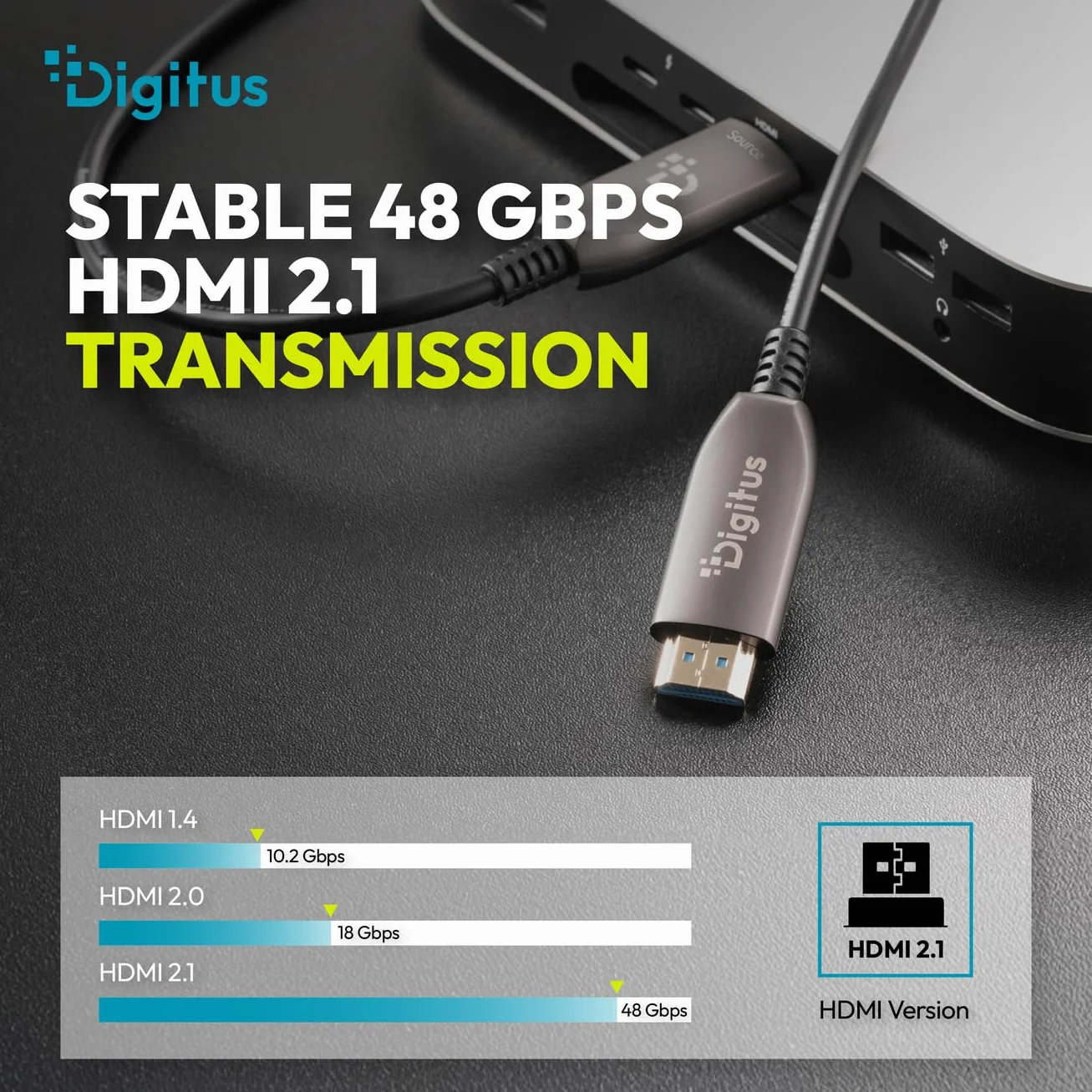 DIGITUS HDMI AOC Hybrydowy kabel światłowodowy - HDMI 2.1 - 8k/60Hz - UHD-II - kanał Ethernet - HDR eARC HDCP 2.2 - pozłacane styki - 10m - czarny
