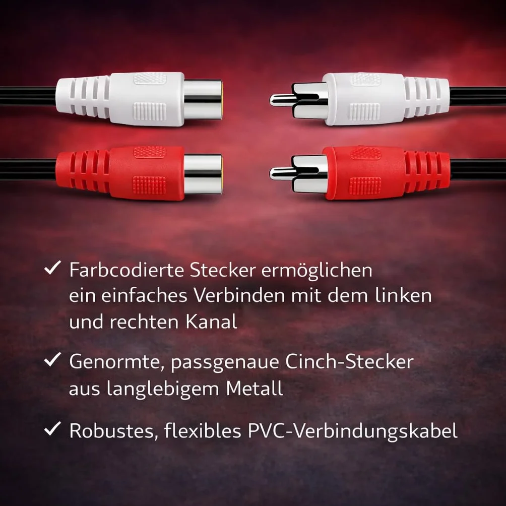 PerfectHD Kabel przedłużający cinch 5 m | kabel audio stereo | 2 x wtyczka na 2 x gniazdo | kabel cinch RCA, kabel przyłączeniowy, przedłużenie