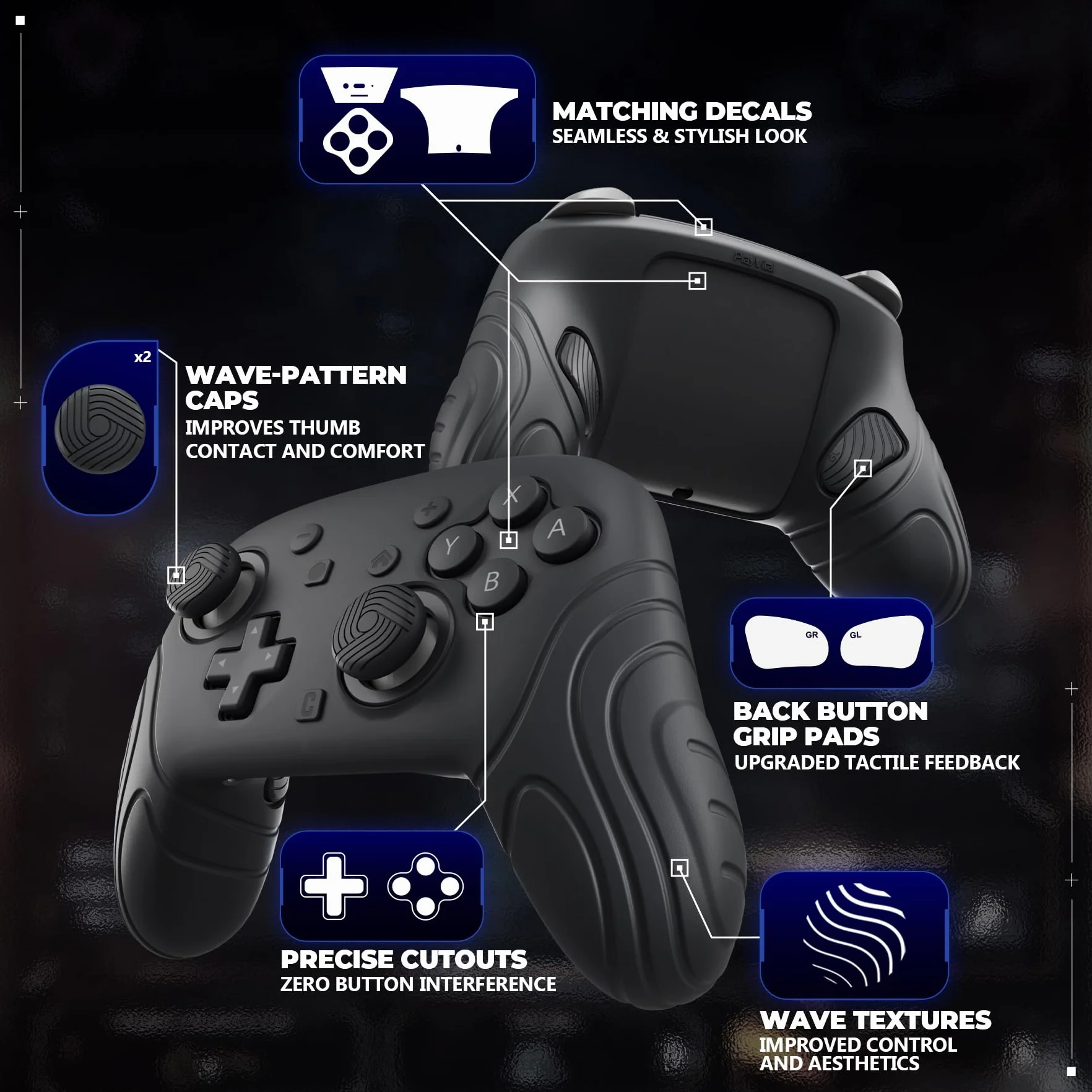 PlayVital Silikonowe Etui Ochronne do Switch 2 Pro z Osłonami na Tylne Przyciski, Nakładkami Joystick, Naklejkami, Antywstrząsowy Grip-Czarny