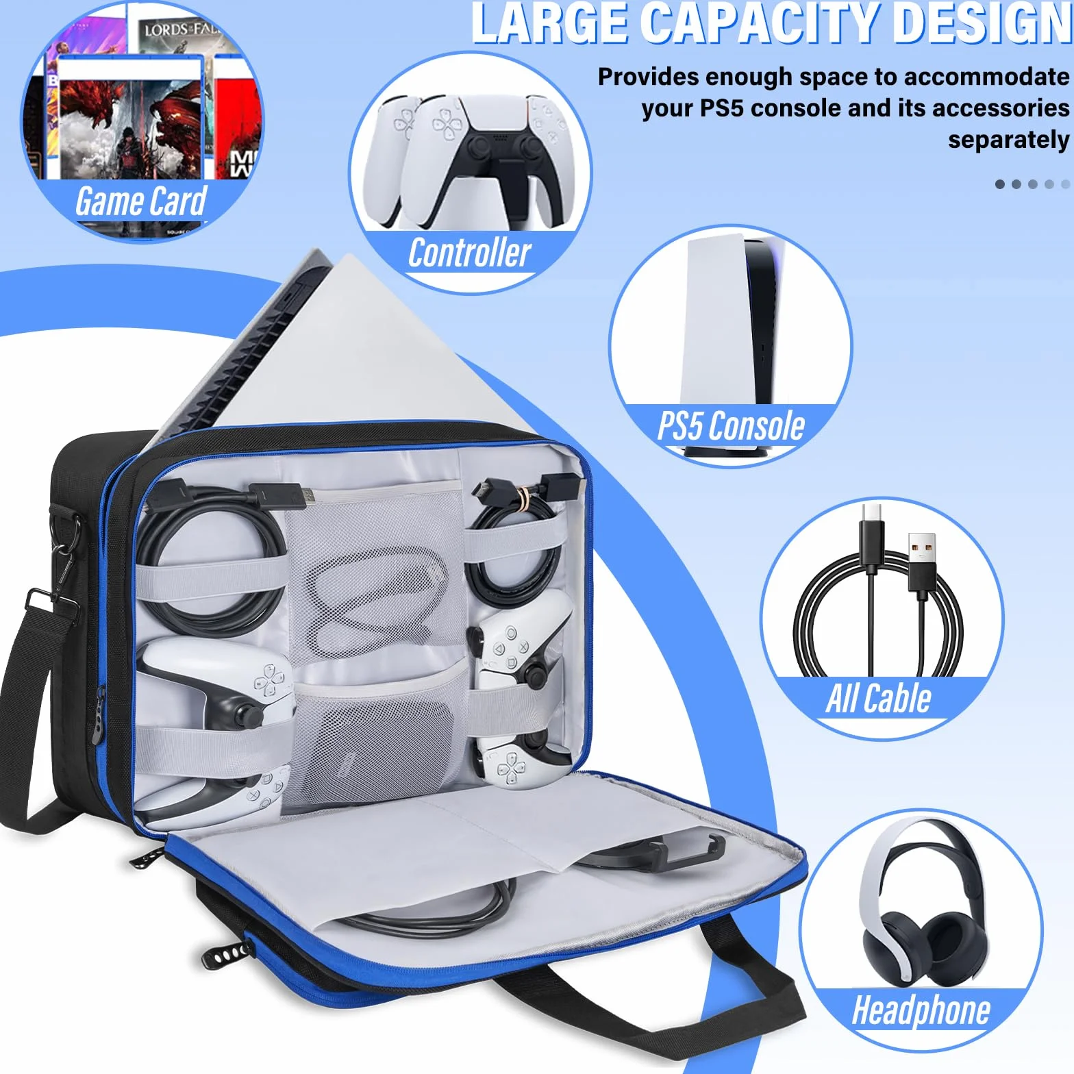 IPEB PS5 PS5 Pro PS4 Tasche, Ciemnoniebieski, Organizer kieszonkowy