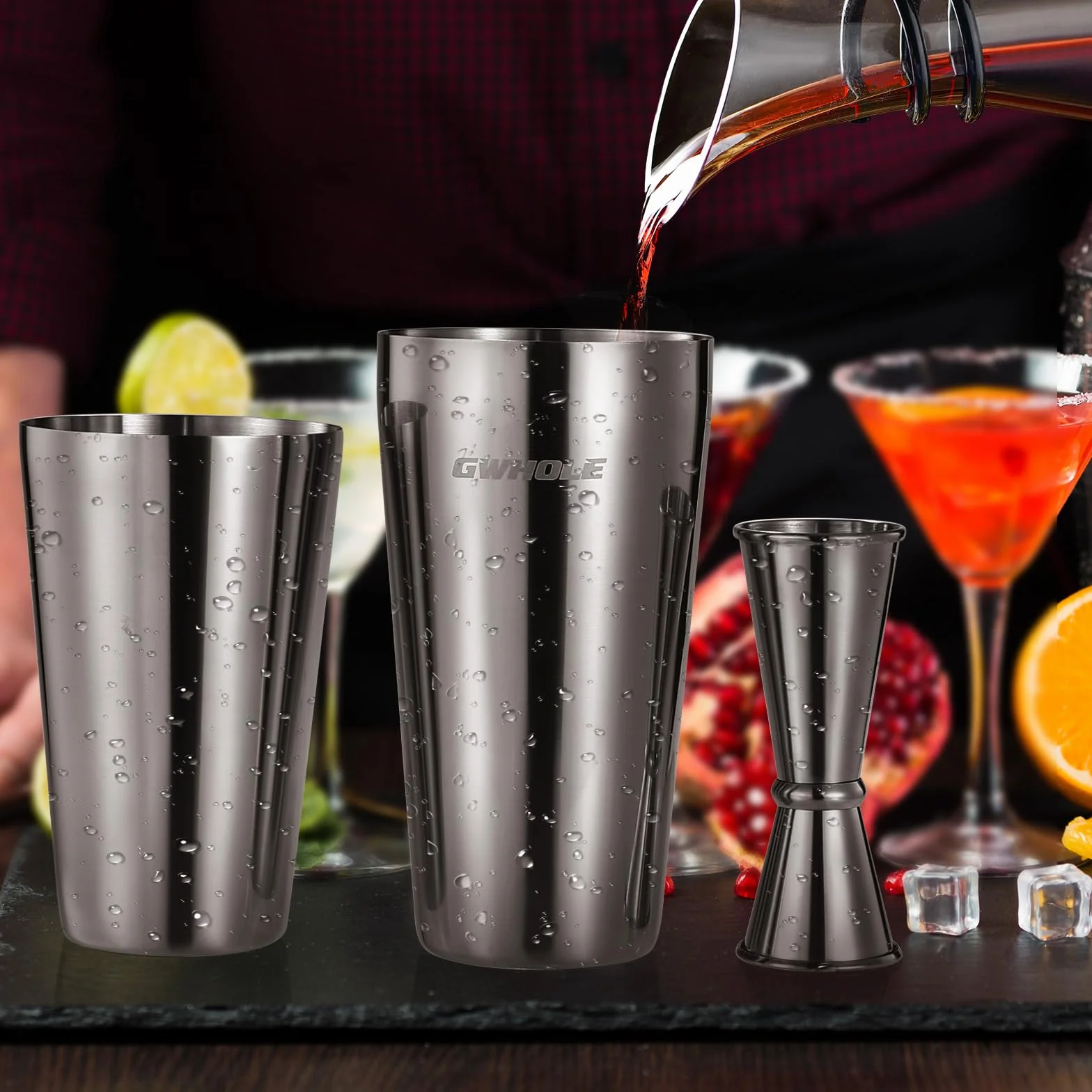 GWHOLE Zestaw do koktajli 750ml ze stali nierdzewnej 304, zestaw do koktajli, shaker do koktajli Boston, mikser, zestaw barmana, akcesoria barowe z miarką 550ml, do domu, na imprezę, prezent